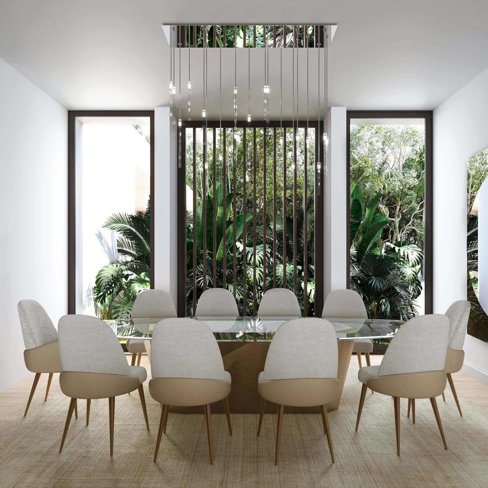 case-study-Palm-Beach-Gardens-dining-3.1 Modern dining room with tropical greenery view, stylish chairs, and contemporary design.