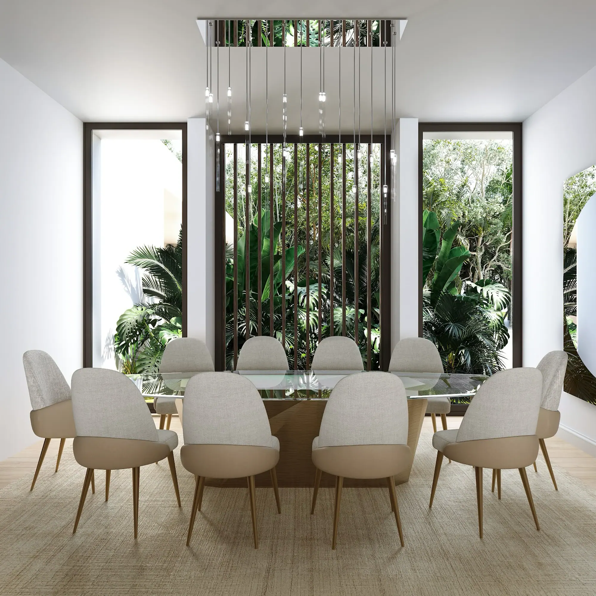 Modern dining room with tropical greenery view, stylish chairs, and contemporary design.