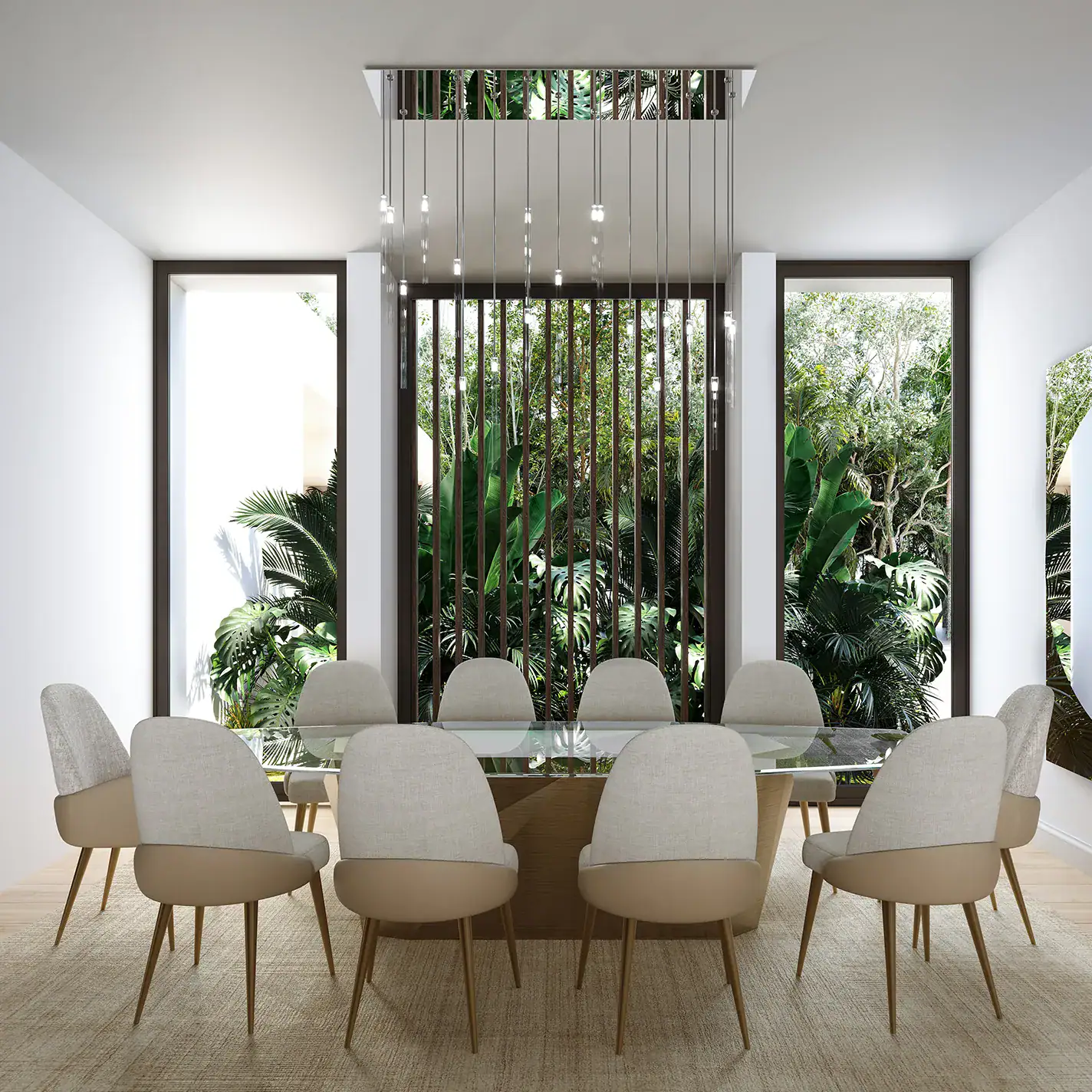 case-study-Palm-Beach-Gardens-dining-3 Modern dining room with tropical greenery view, stylish chairs, and contemporary design.