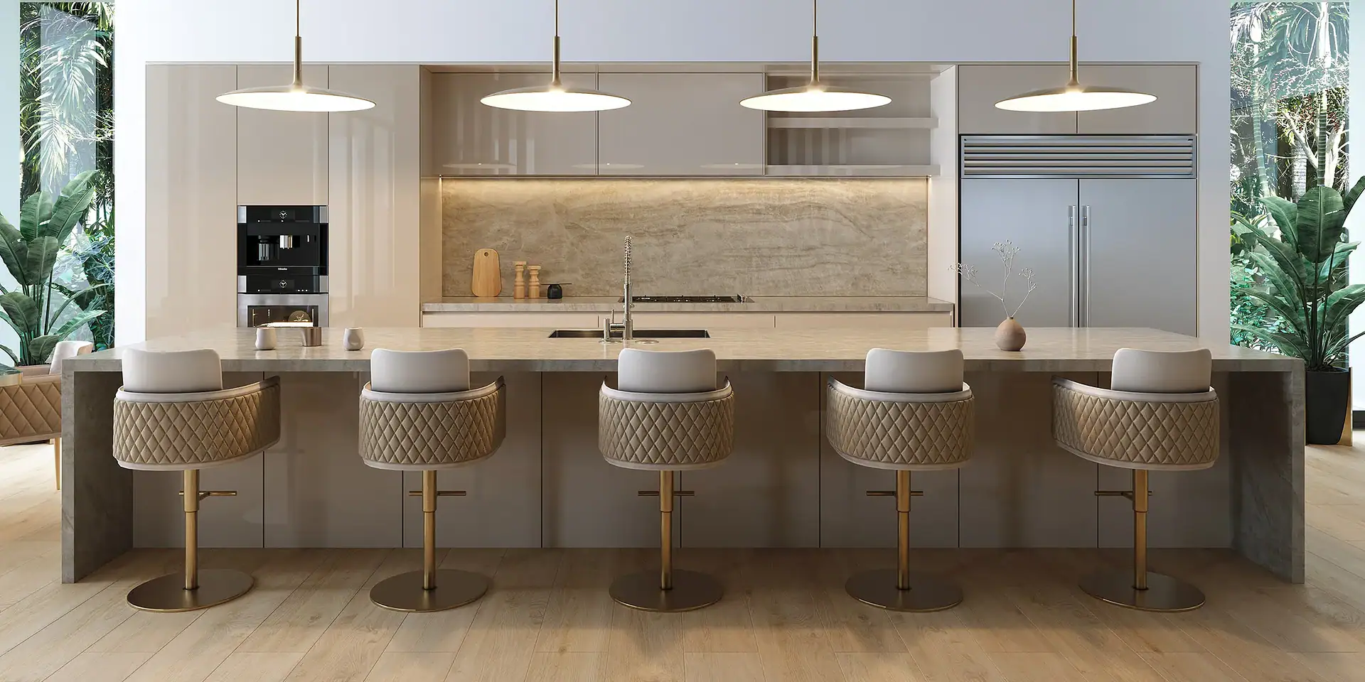 Stylish modern kitchen with beige cabinetry, marble backsplash, and luxury barstools for elegant dining.
