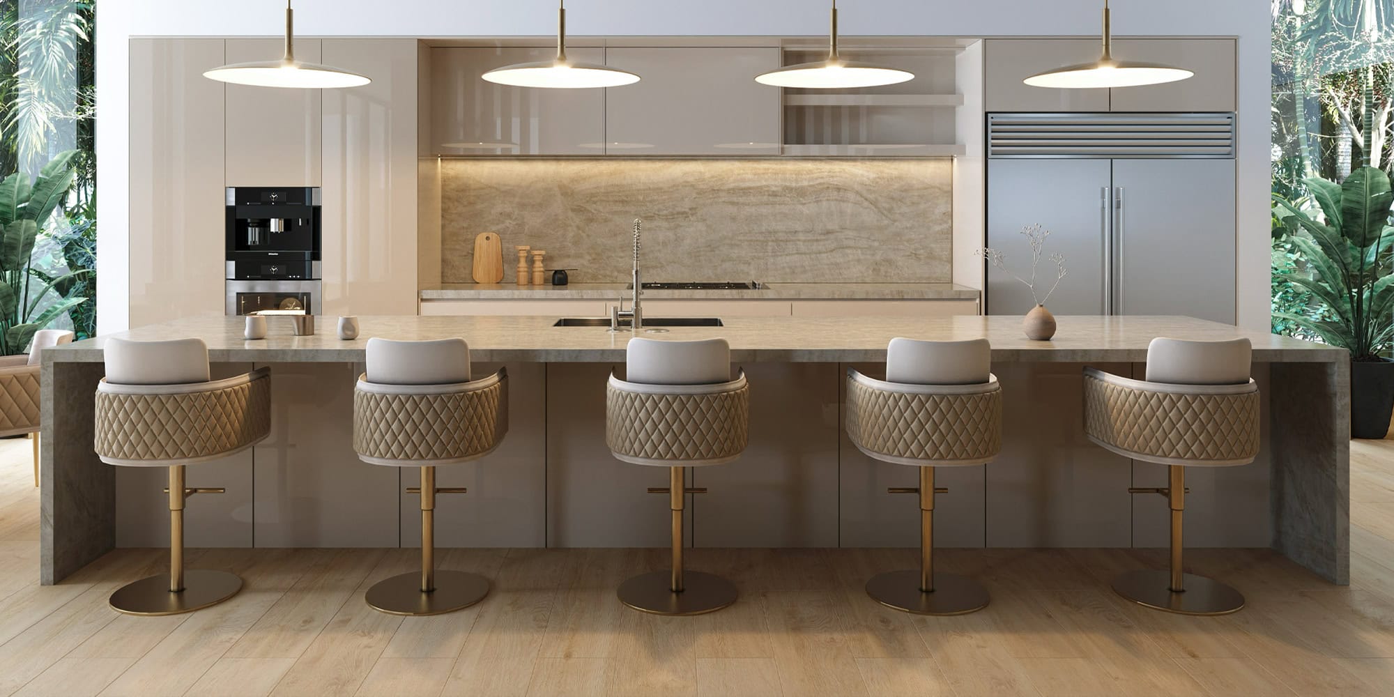 case-study-Palm-Beach-Gardens-kitchen-1.1 Stylish modern kitchen with beige cabinetry, marble backsplash, and luxury barstools for elegant dining.