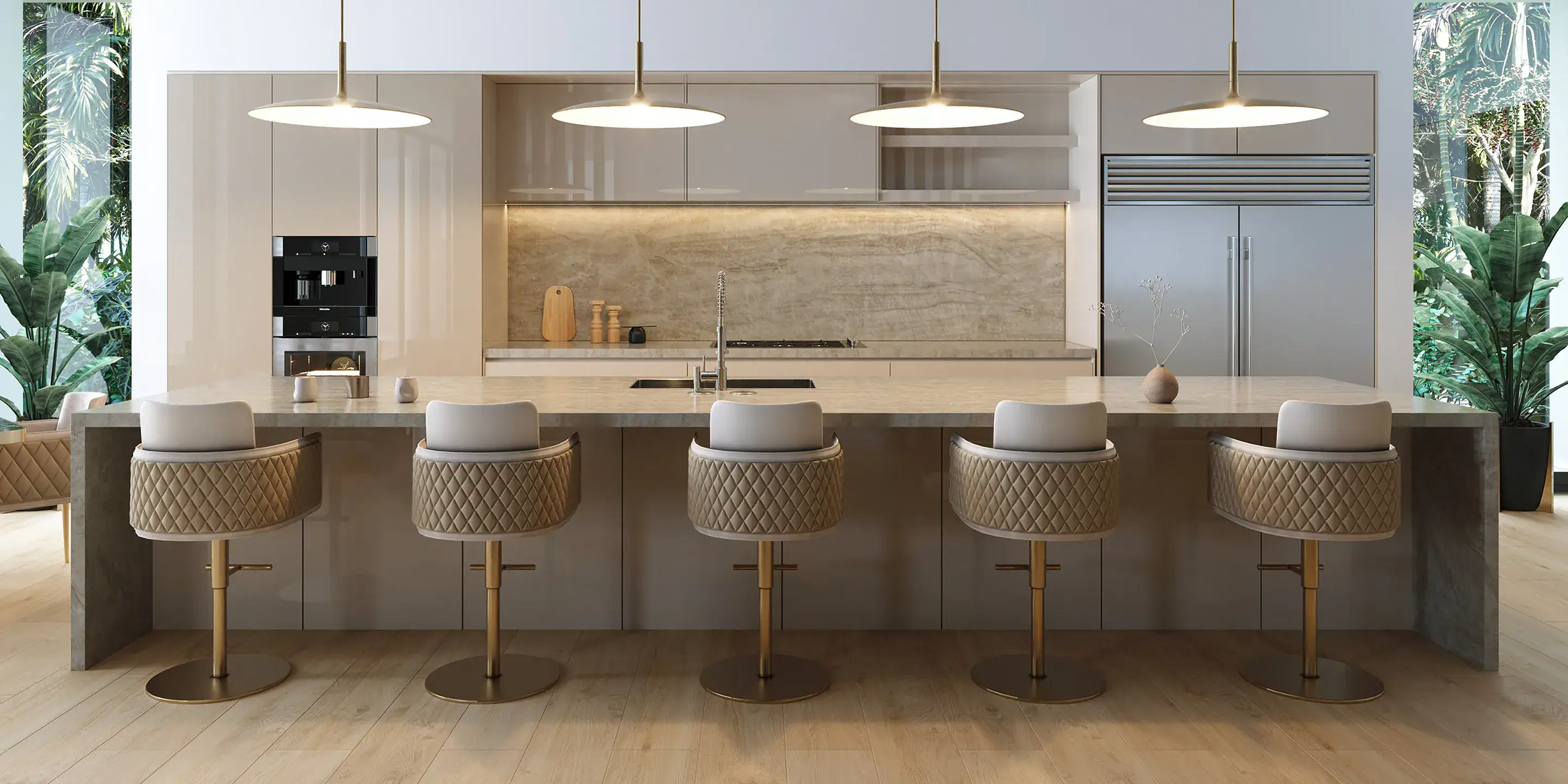 case-study-Palm-Beach-Gardens-kitchen-1.1 Stylish modern kitchen with beige cabinetry, marble backsplash, and luxury barstools for elegant dining.