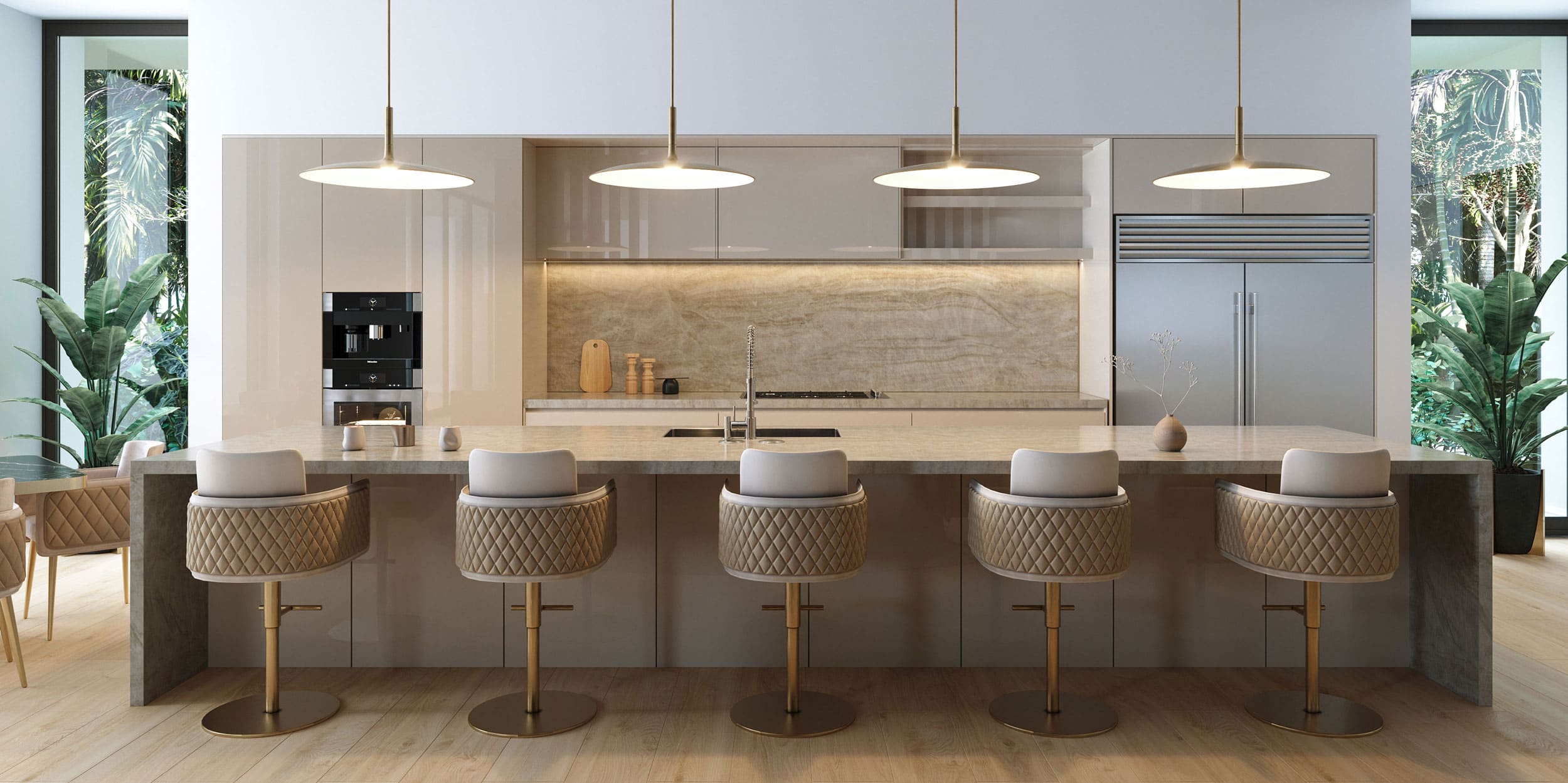 case-study-Palm-Beach-Gardens-kitchen-1 Stylish modern kitchen with beige cabinetry, marble backsplash, and luxury barstools for elegant dining.