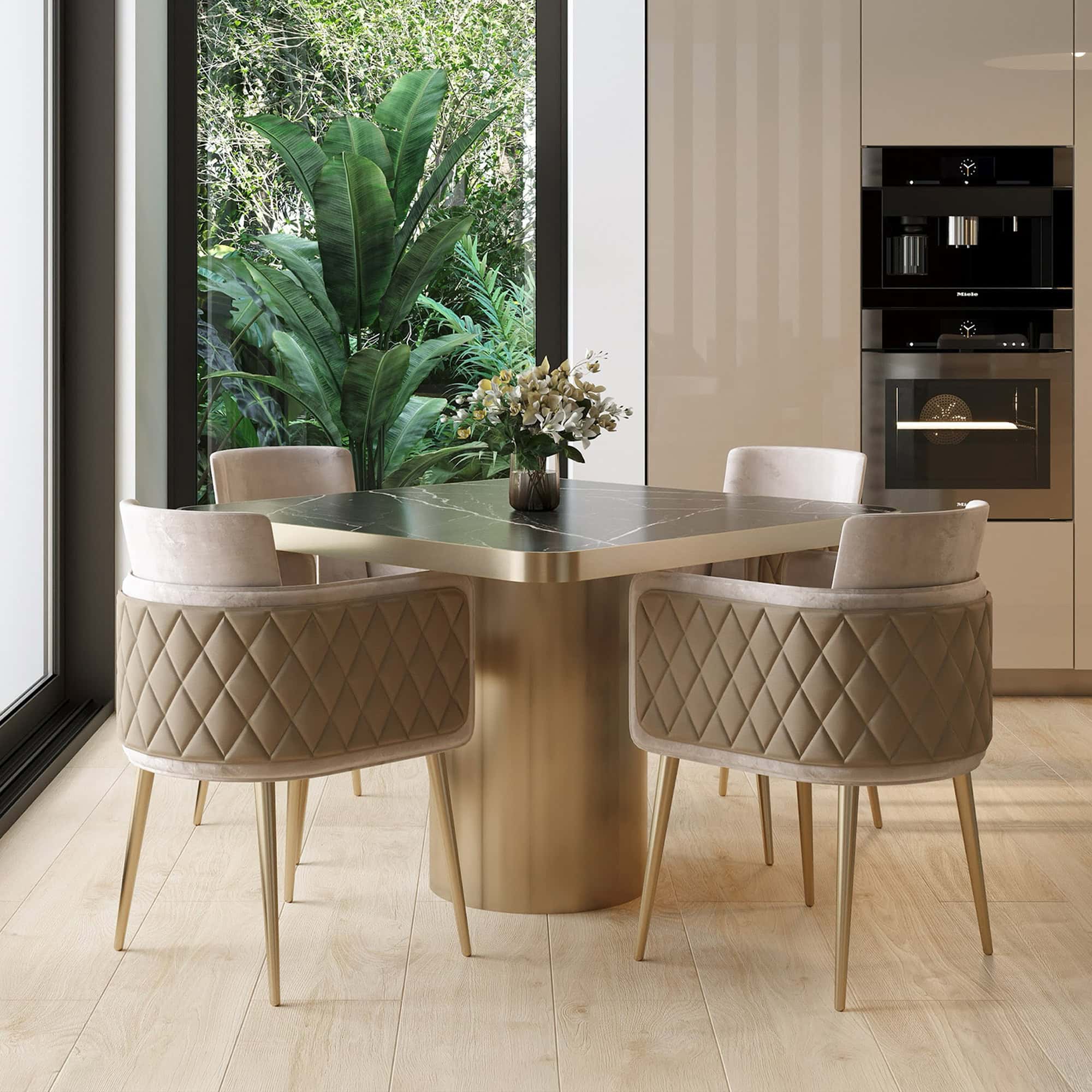 case-study-Palm-Beach-Gardens-kitchen-2.2 Elegant modern dining room with custom luxury furniture and lush greenery outside.