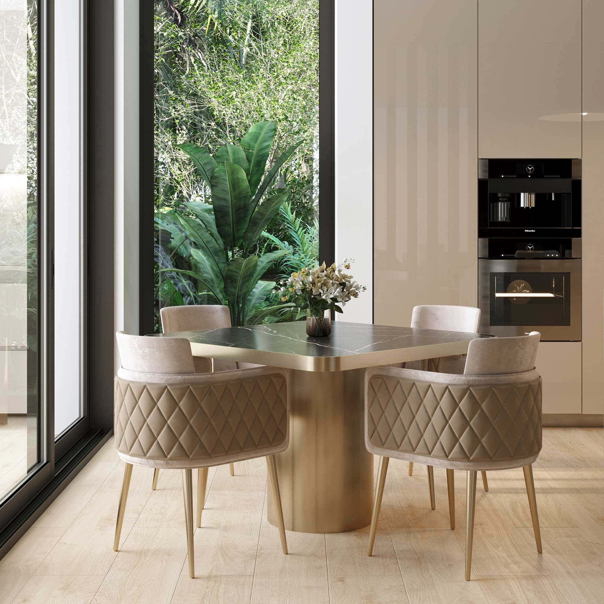 case-study-Palm-Beach-Gardens-kitchen-2 Elegant modern dining room with custom luxury furniture and lush greenery outside.