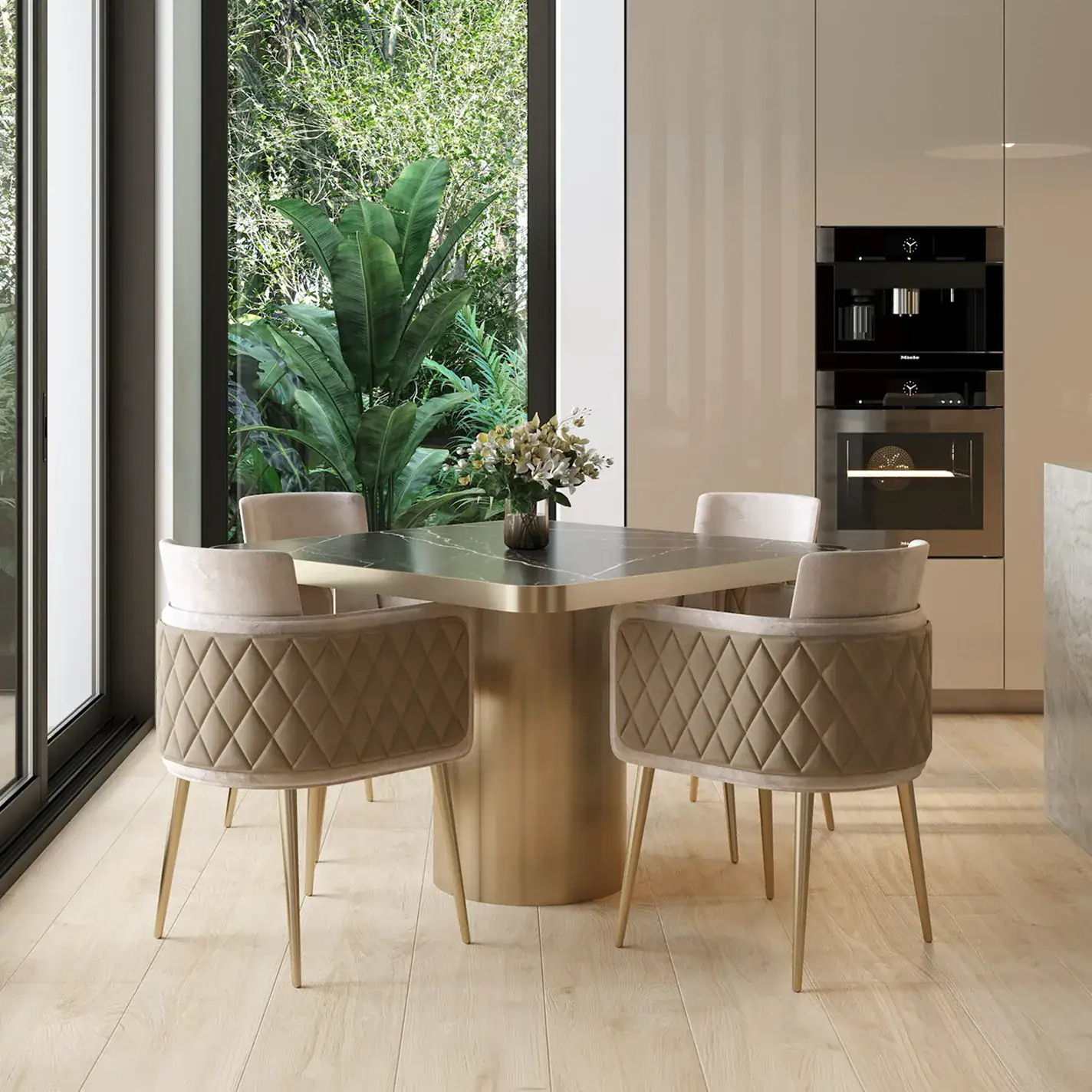 case-study-Palm-Beach-Gardens-kitchen-2 Elegant modern dining room with custom luxury furniture and lush greenery outside.