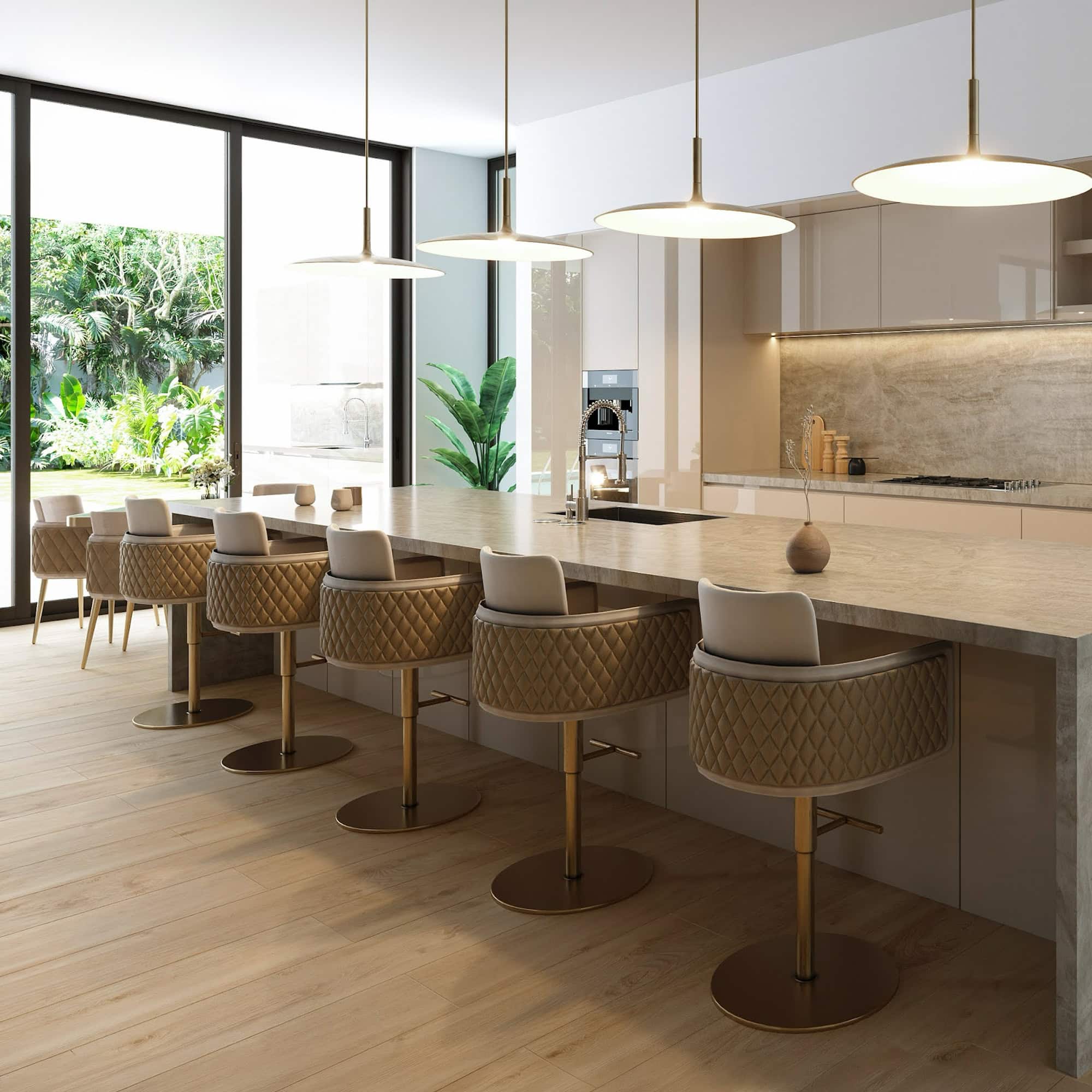 case-study-Palm-Beach-Gardens-kitchen-3.1 Modern kitchen with marble island and stylish gold-accented bar stools, abundant natural light.