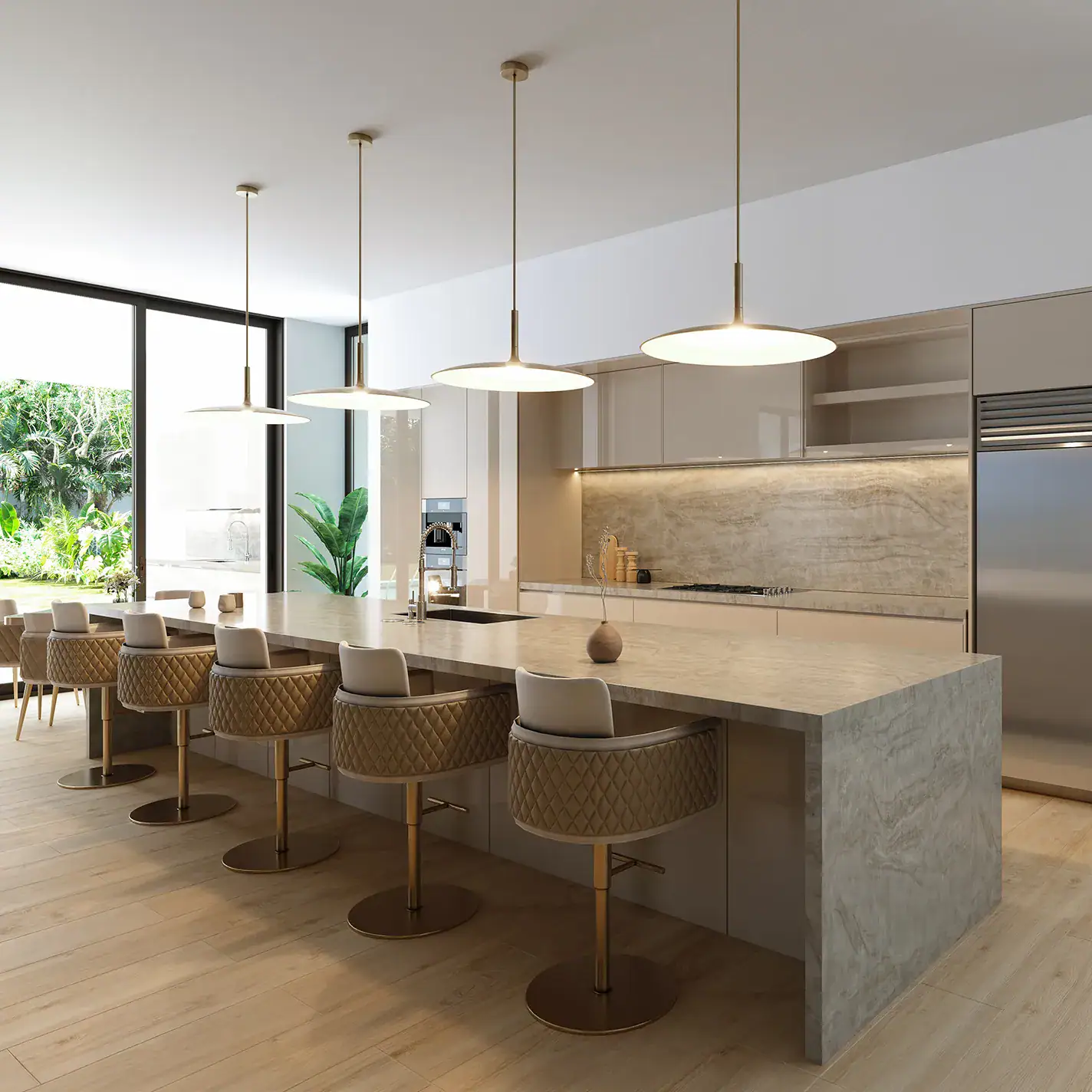 case-study-Palm-Beach-Gardens-kitchen-3 Modern kitchen with marble island and stylish gold-accented bar stools, abundant natural light.