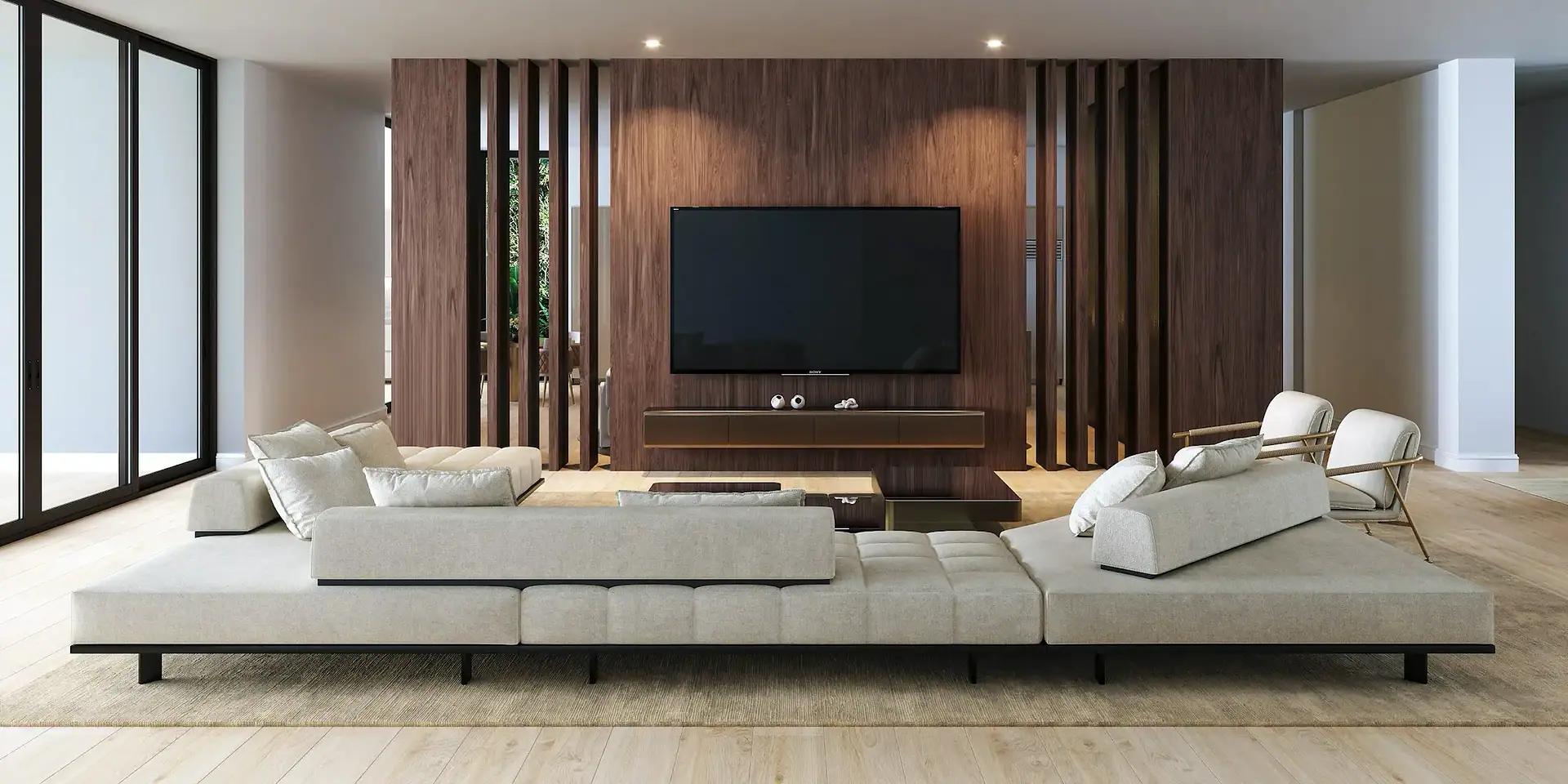 Contemporary living room with custom-built wooden media wall and sleek, modern seating.
