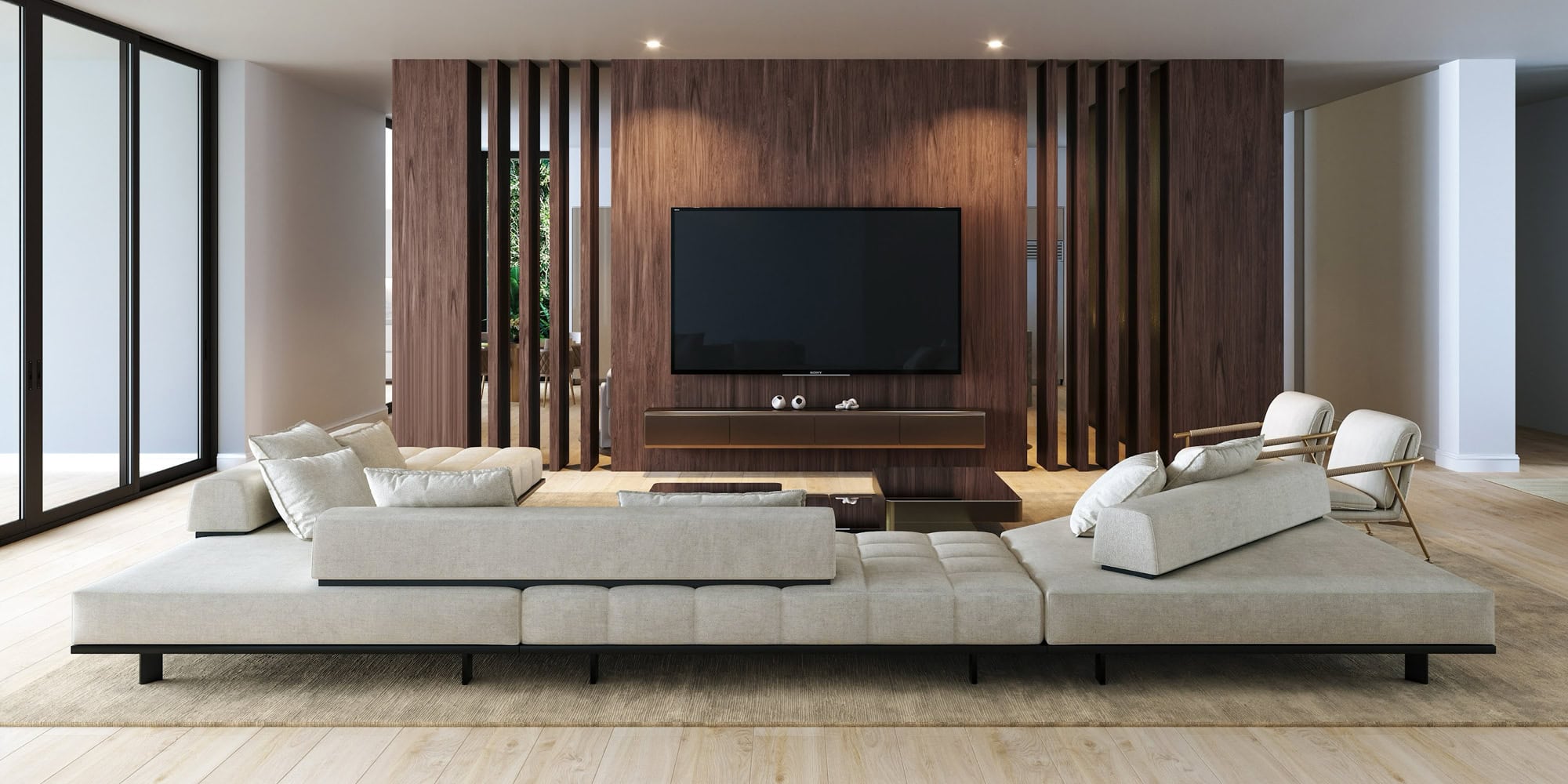 case-study-Palm-Beach-Gardens-living-1.1 Contemporary living room with custom-built wooden media wall and sleek, modern seating.