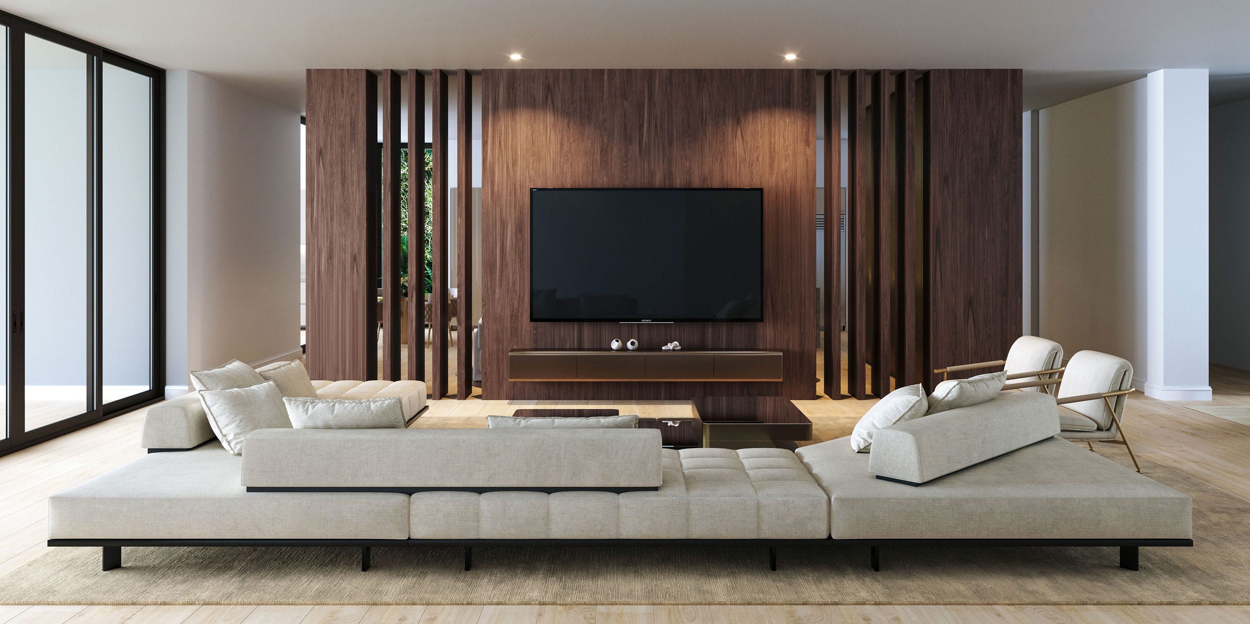 case-study-Palm-Beach-Gardens-living-1 Contemporary living room with custom-built wooden media wall and sleek, modern seating.