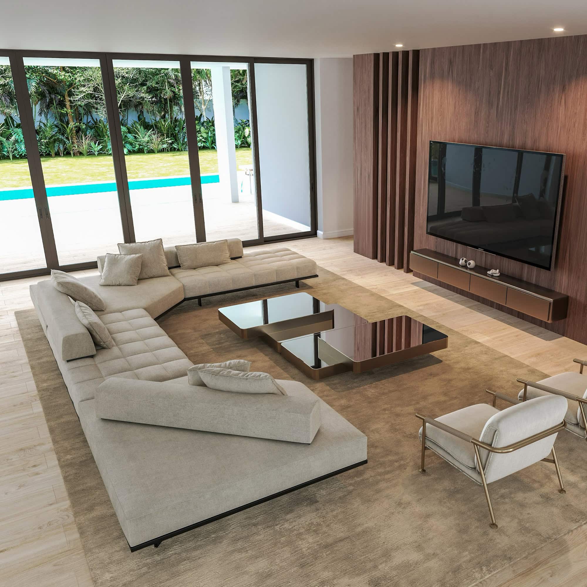 case-study-Palm-Beach-Gardens-living-2.1 Modern living room with contemporary furniture and a sleek wall-mounted TV, featuring natural light and wood accents.