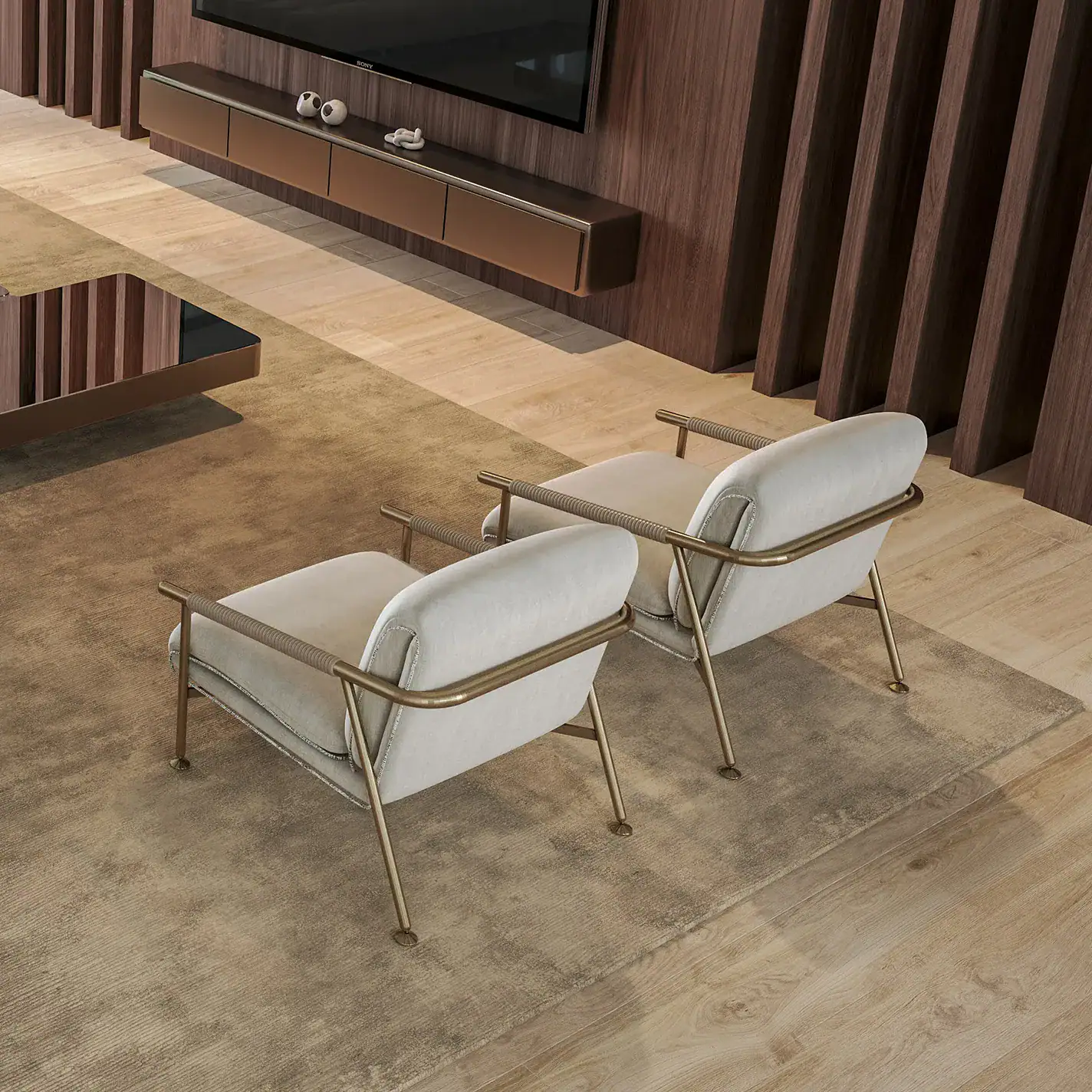 case-study-Palm-Beach-Gardens-living-2.2 Modern living room with contemporary furniture and a sleek wall-mounted TV, featuring natural light and wood accents.