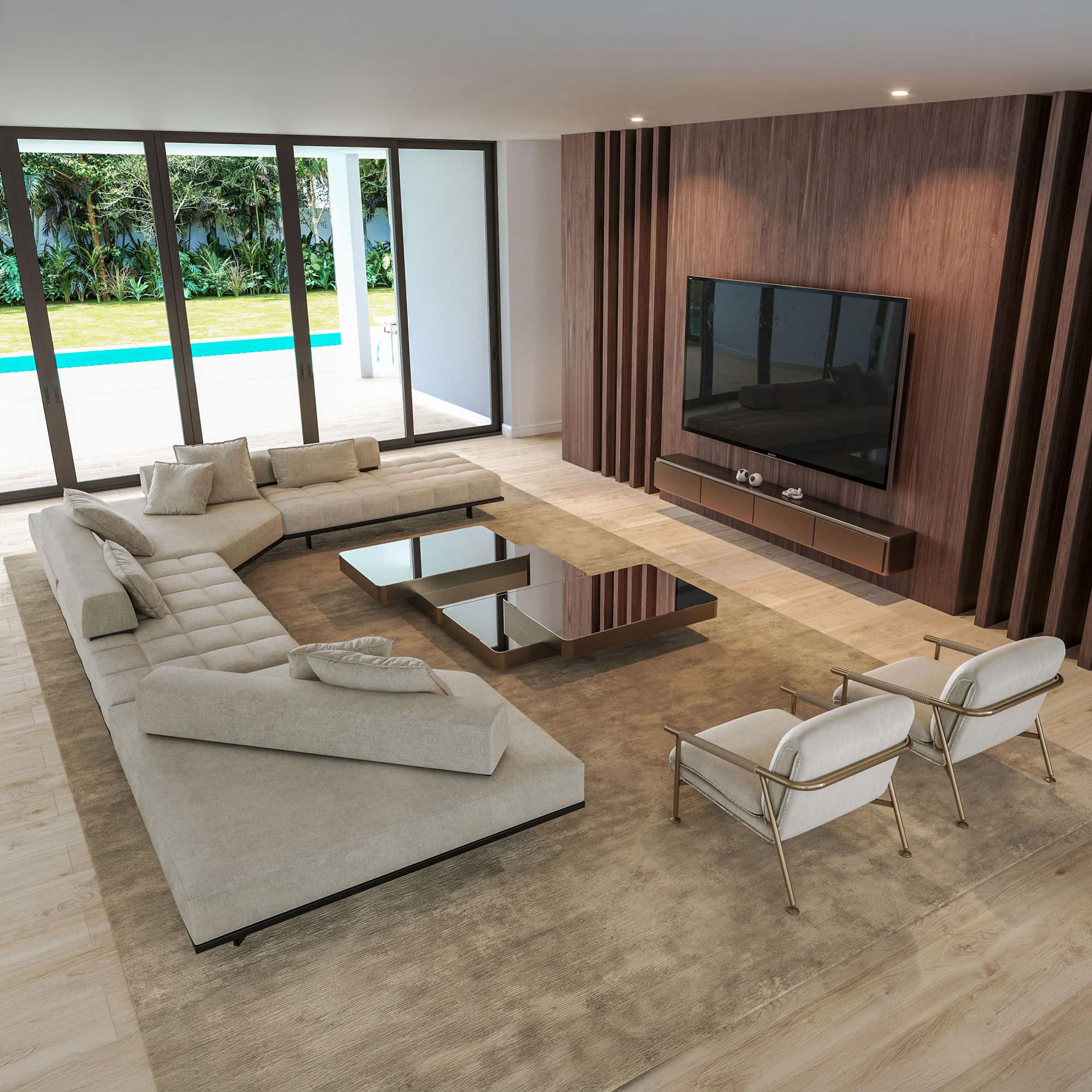 case-study-Palm-Beach-Gardens-living-2 Modern living room with contemporary furniture and a sleek wall-mounted TV, featuring natural light and wood accents.