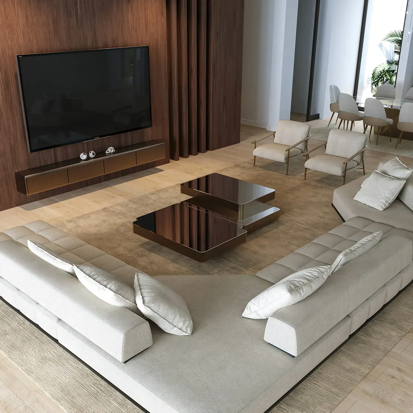 case-study-Palm-Beach-Gardens-living-3.2 Luxurious modern living room with beige sectional sofa and custom wood accents, ideal for upscale homes.