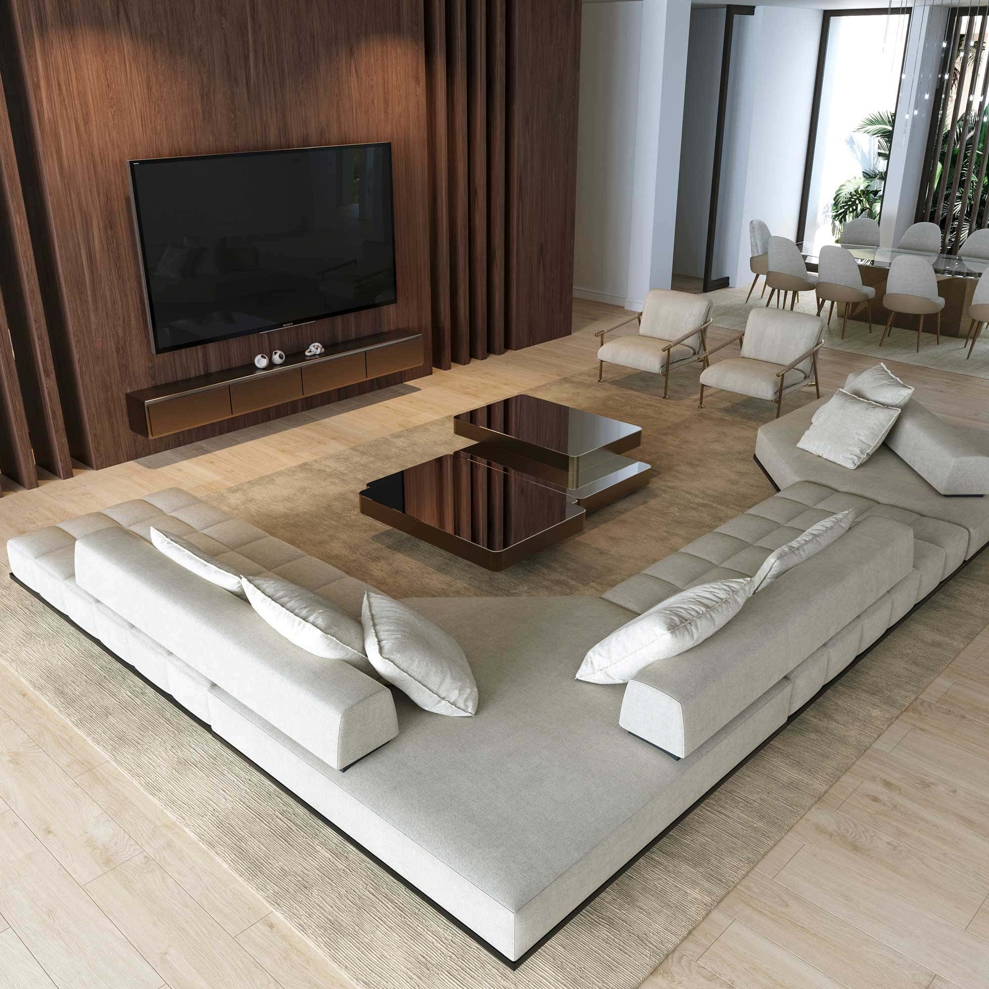 case-study-Palm-Beach-Gardens-living-3 Luxurious modern living room with beige sectional sofa and custom wood accents, ideal for upscale homes.