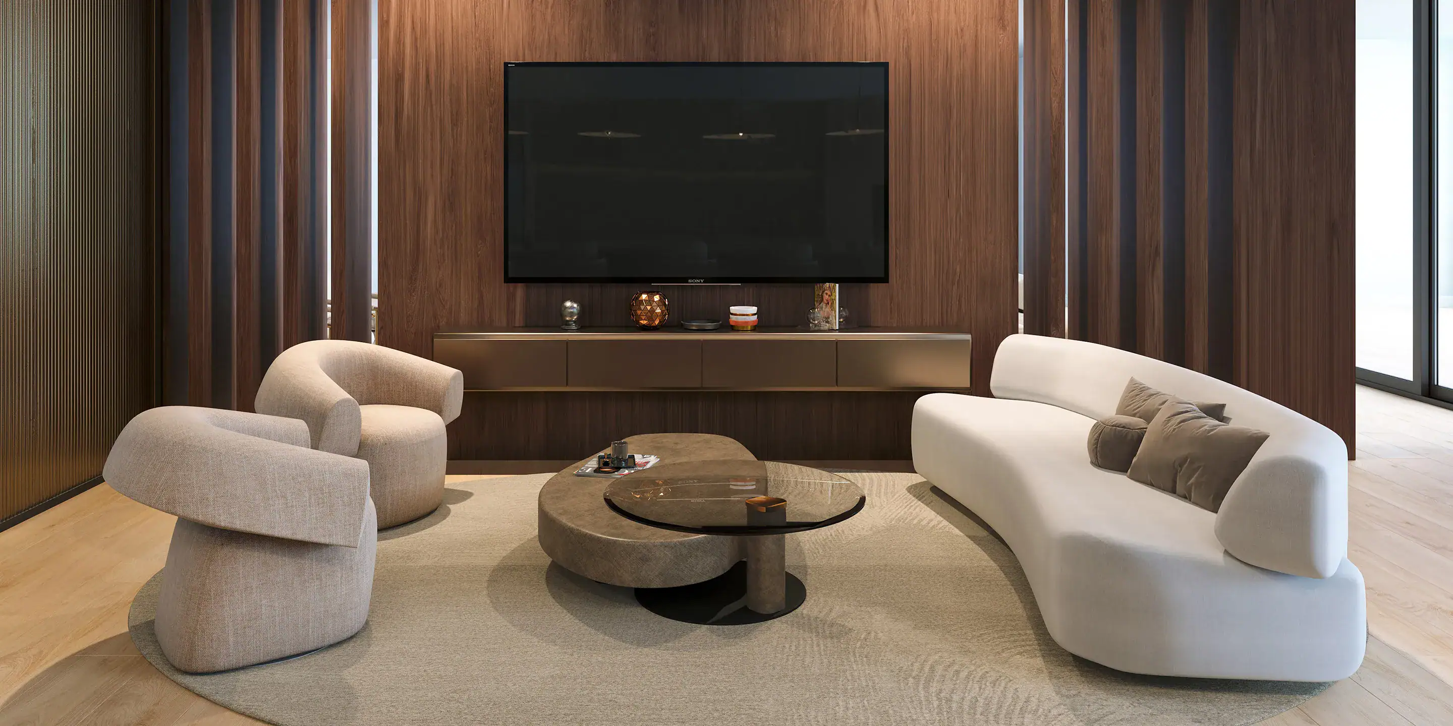 case-study-Palm-Beach-Gardens-lounge-1 Sleek modern living room with contemporary furniture and wooden accent wall, showcasing Sklar Furnishings design.