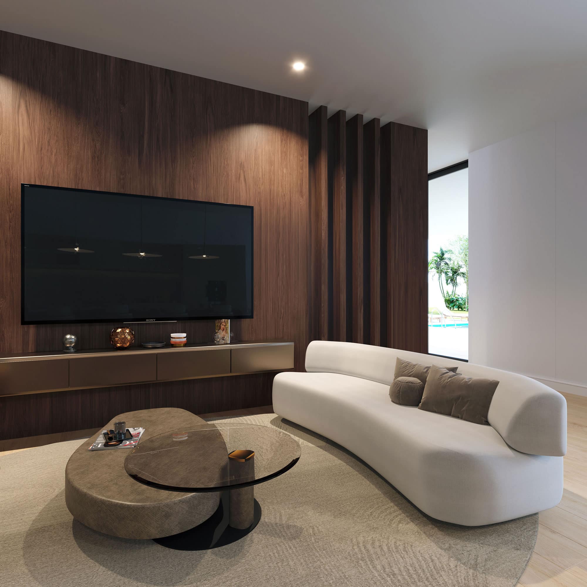 case-study-Palm-Beach-Gardens-lounge-2 Contemporary living room with modern sofa, sleek media wall, and stylish decor.