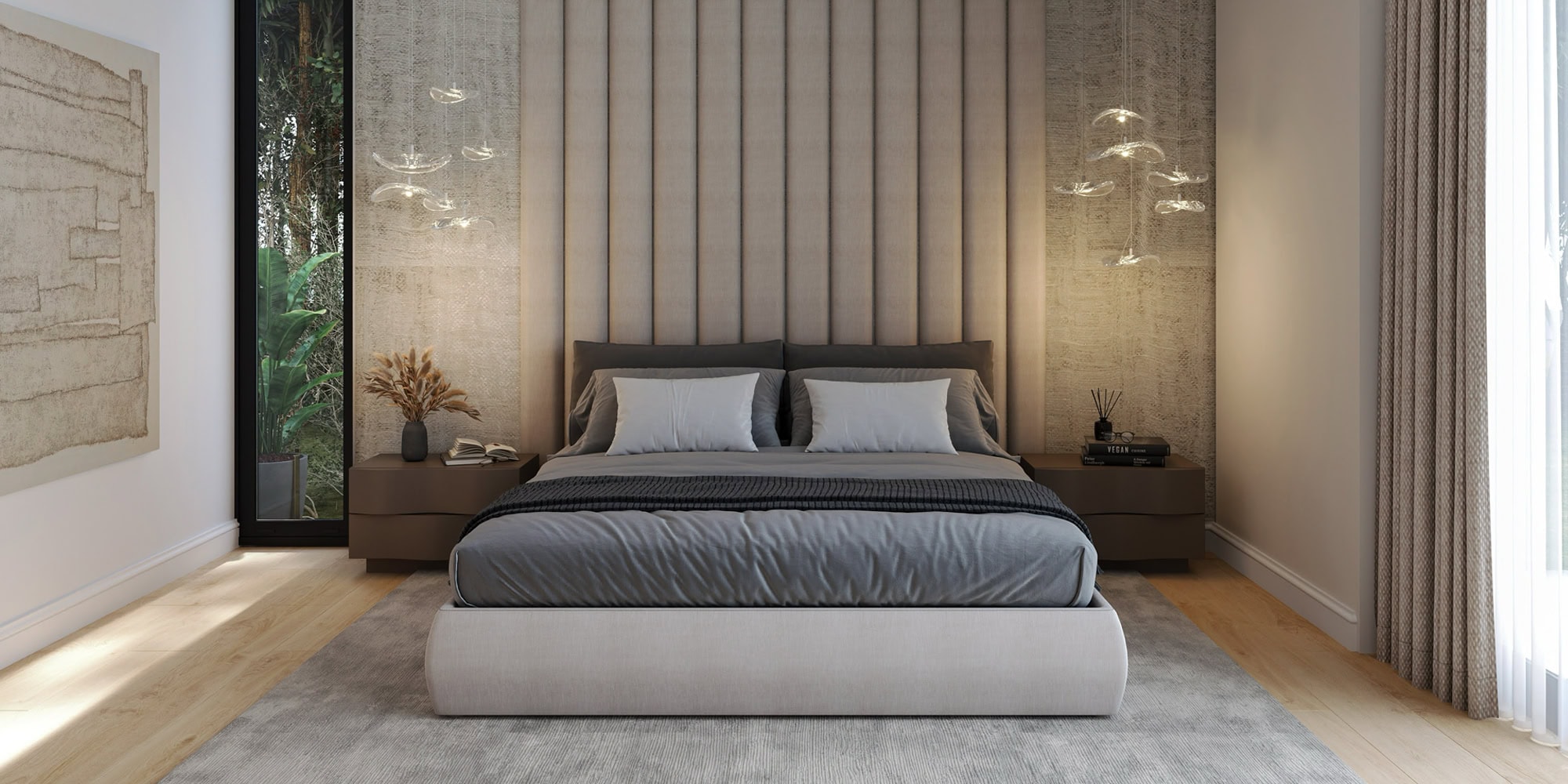 case-study-Palm-Beach-Gardens-lounge-3.3 Warm modern bedroom with upholstered headboard and stylish pendant lighting, showcasing contemporary furniture design.