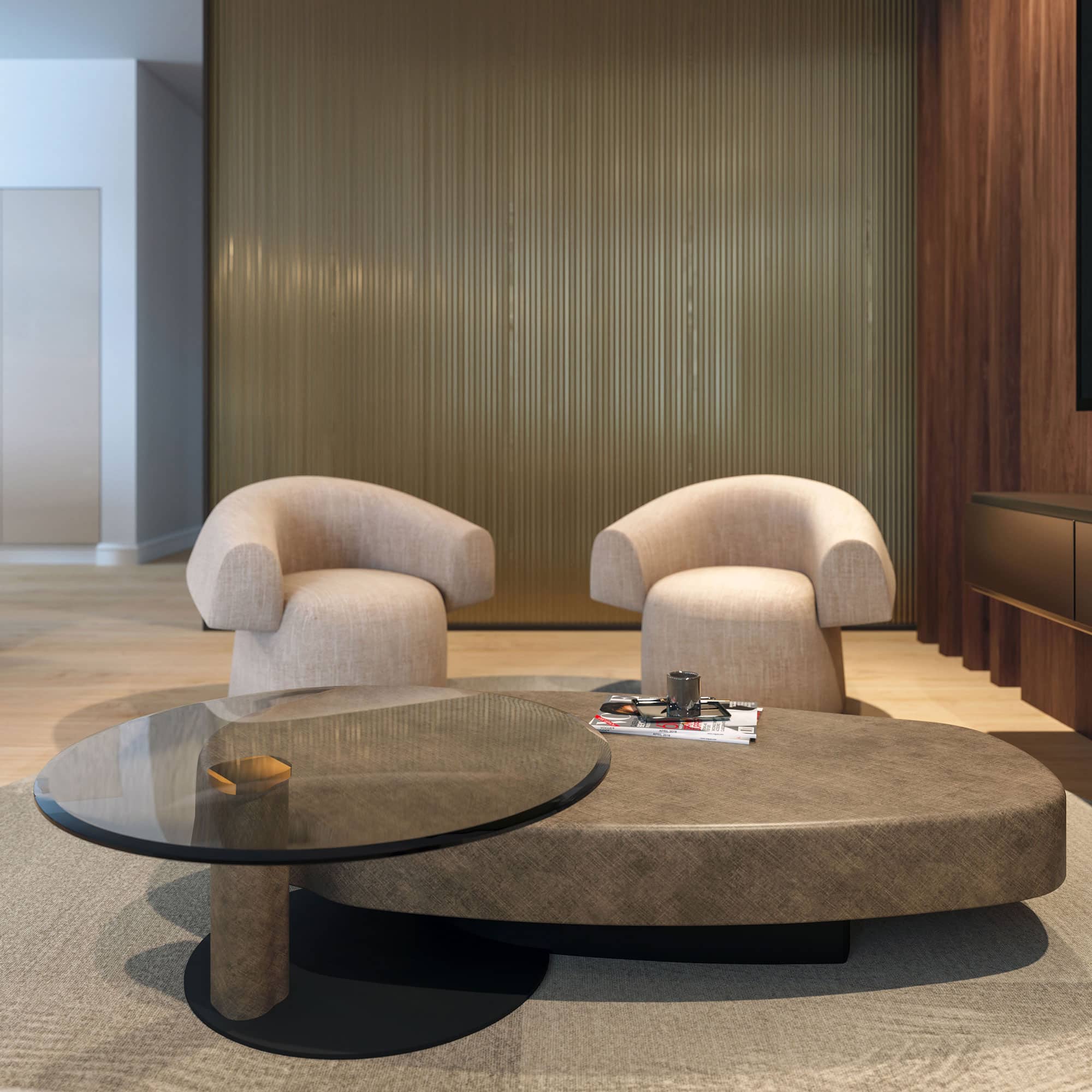 case-study-Palm-Beach-Gardens-lounge-3 Luxurious Sklar Furnishings modern living room with plush chairs and unique coffee table.