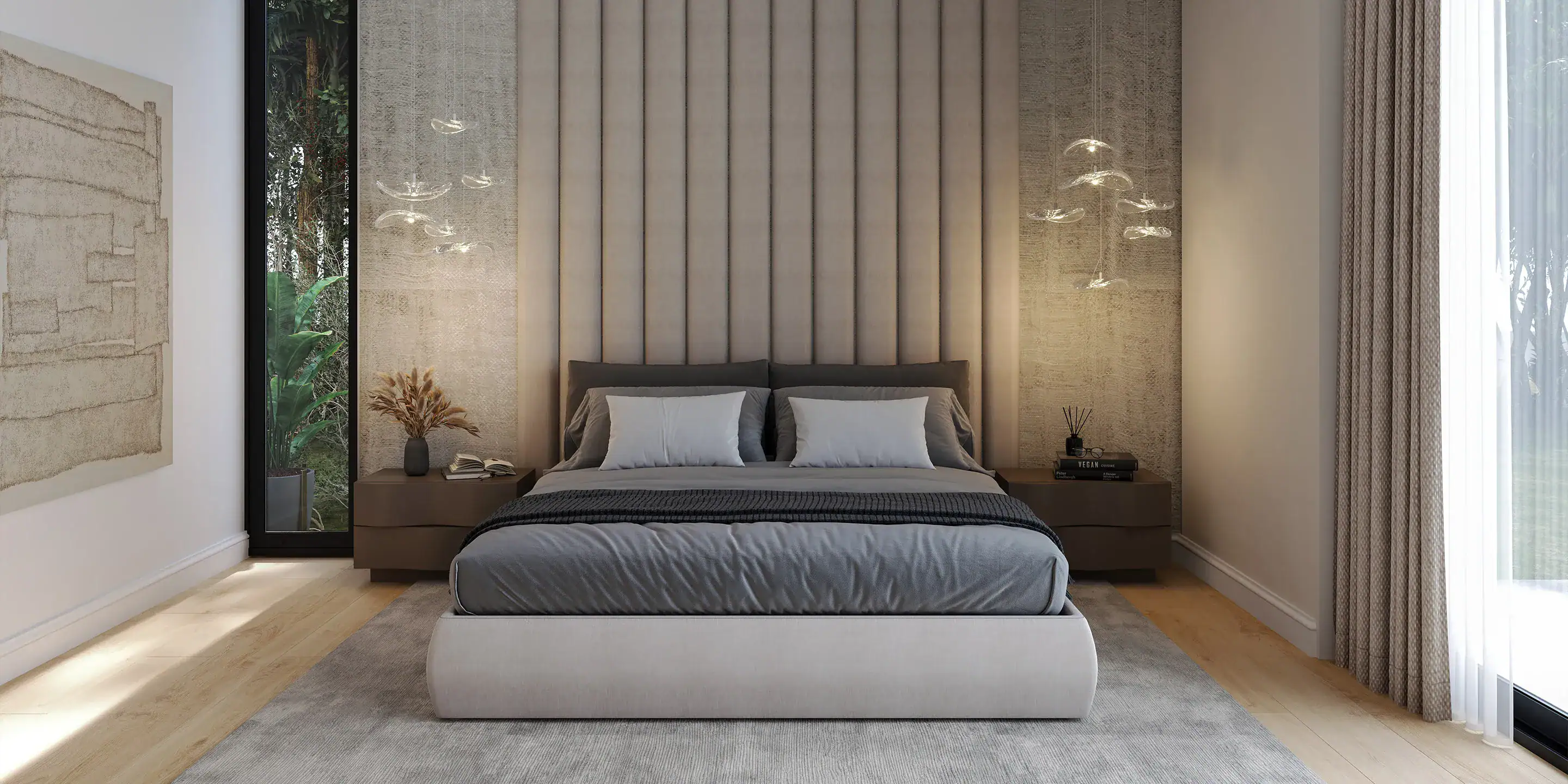 case-study-Palm-Beach-Gardens-lounge-3 Warm modern bedroom with upholstered headboard and stylish pendant lighting, showcasing contemporary furniture design.