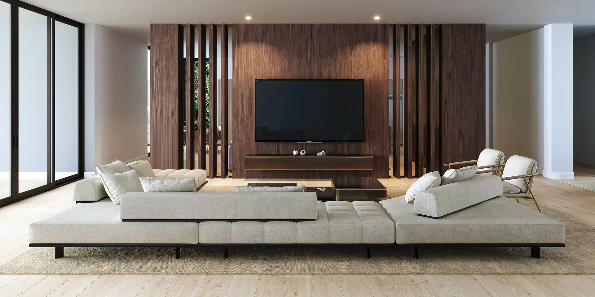 Contemporary living room with custom-built wooden media wall and sleek, modern seating.