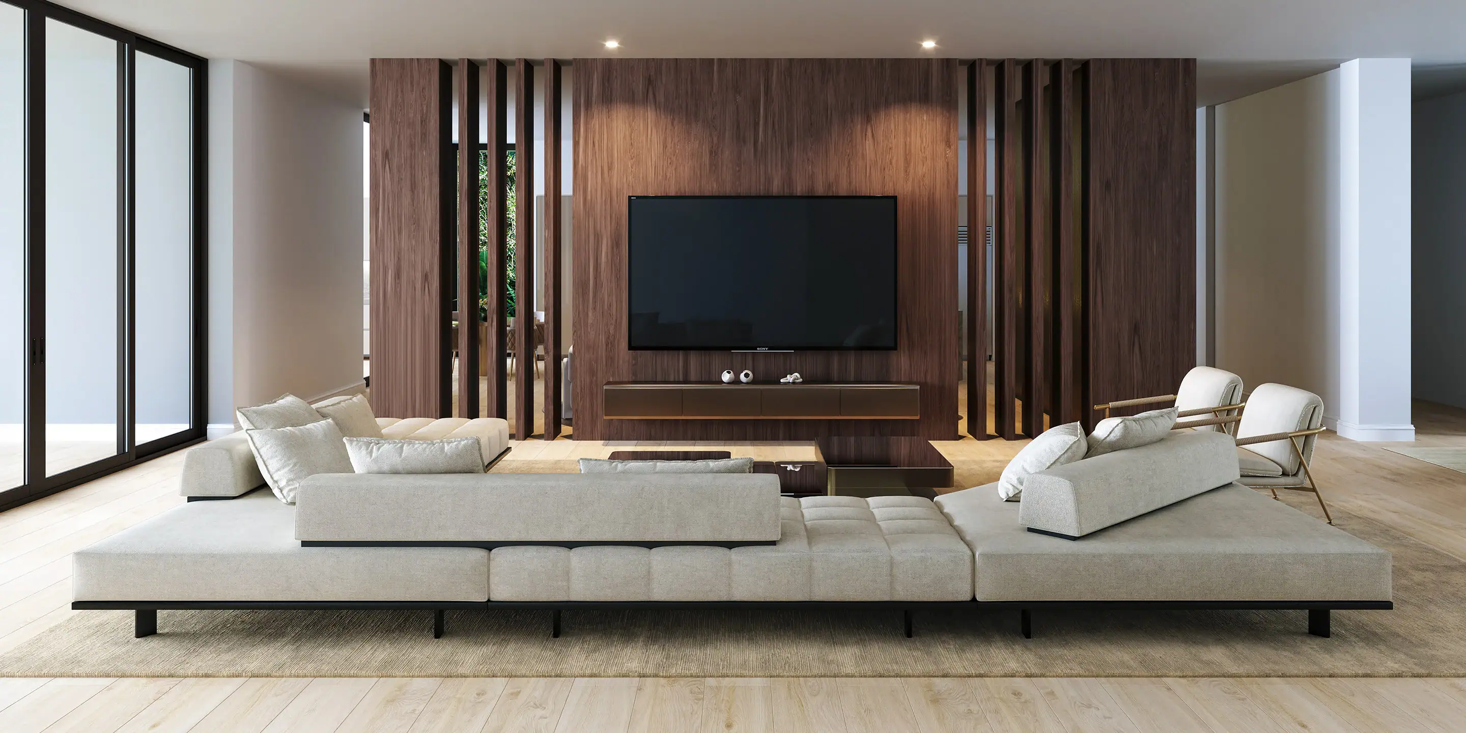 case-study-palm-beach-gardens-living-1.1 Contemporary living room with custom-built wooden media wall and sleek, modern seating.