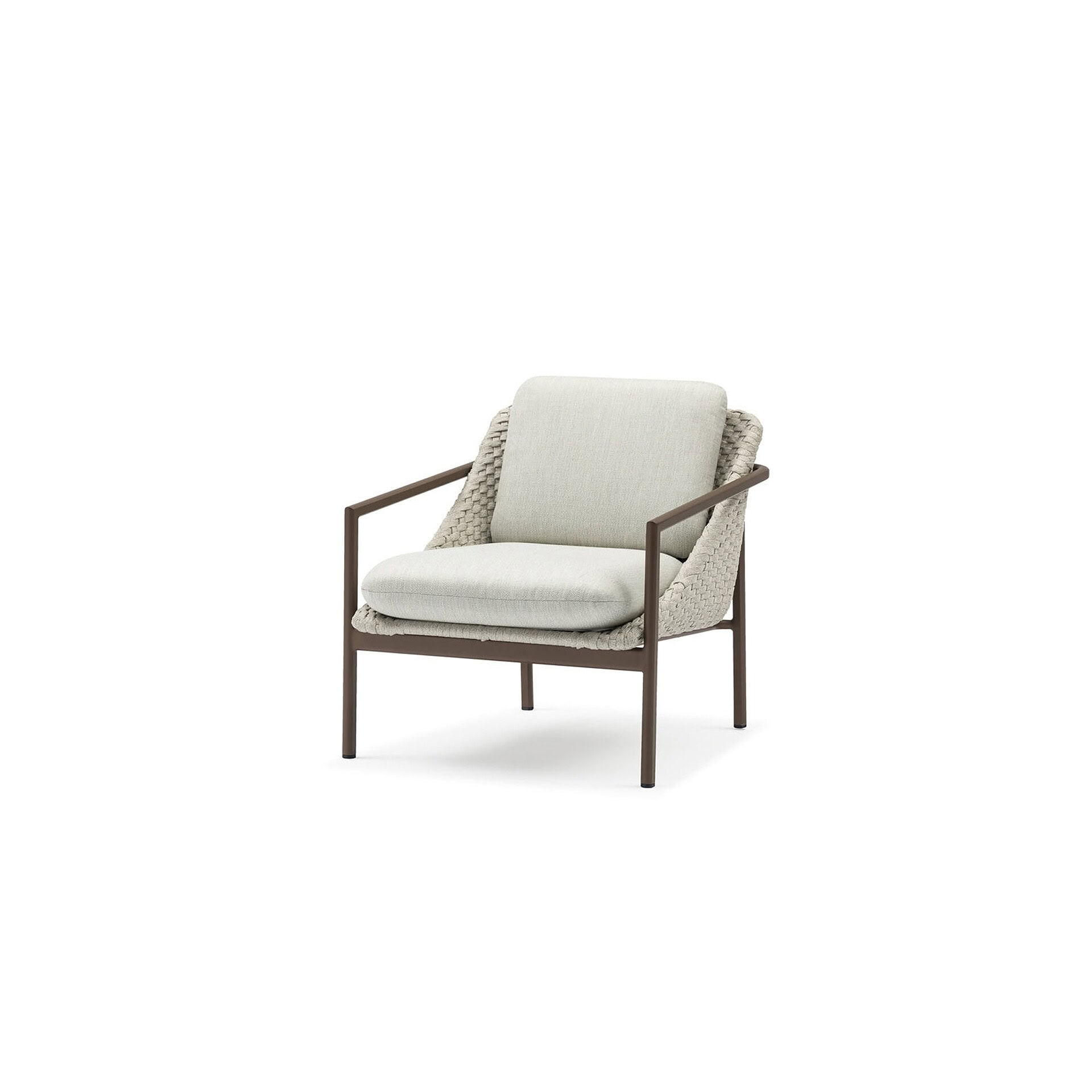 Modern outdoor armchair with woven sides and plush cushion, perfect for patio or garden seating.