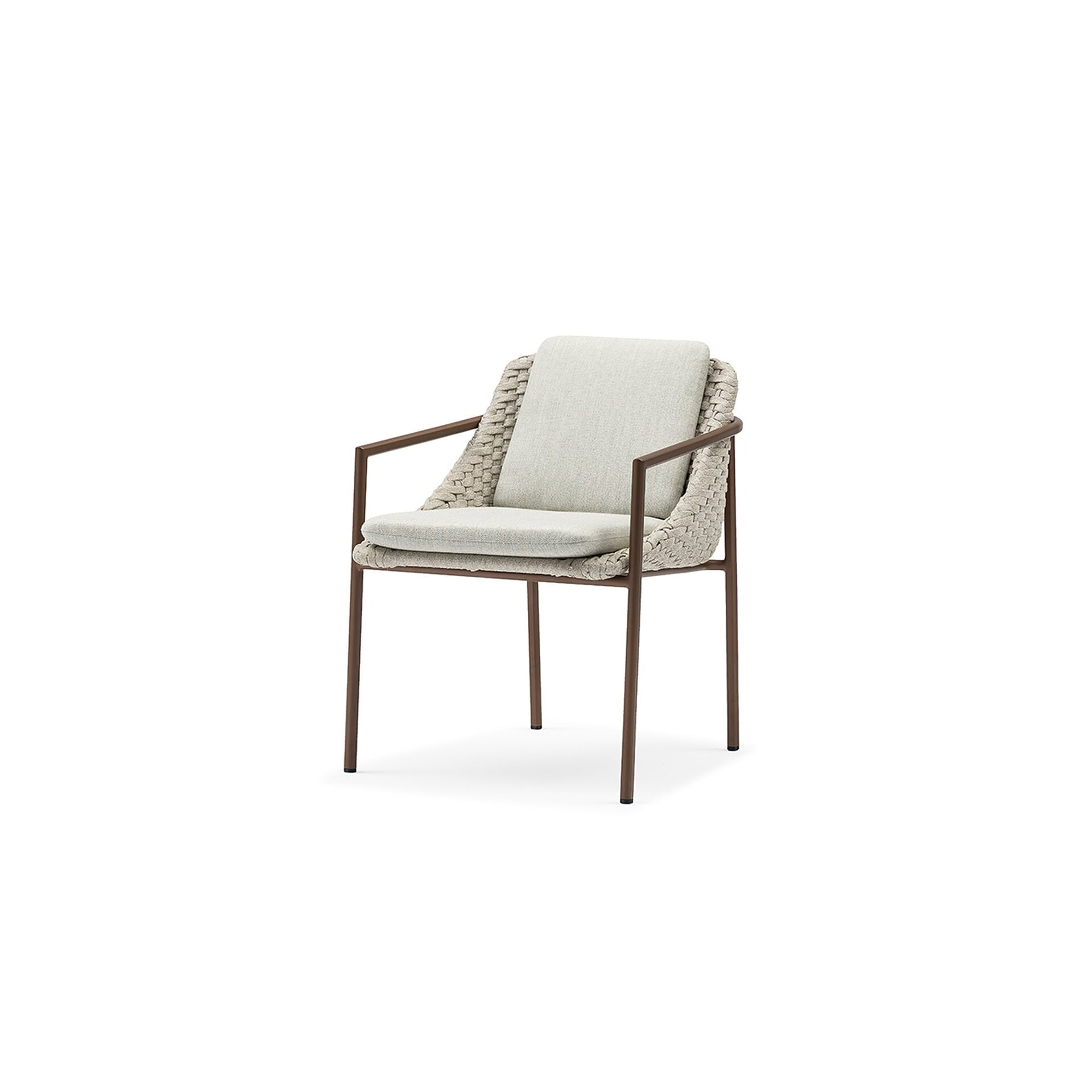 Mid-century modern armchair with woven and upholstered details, sleek wooden frame, neutral fabric, stylish living room accent.