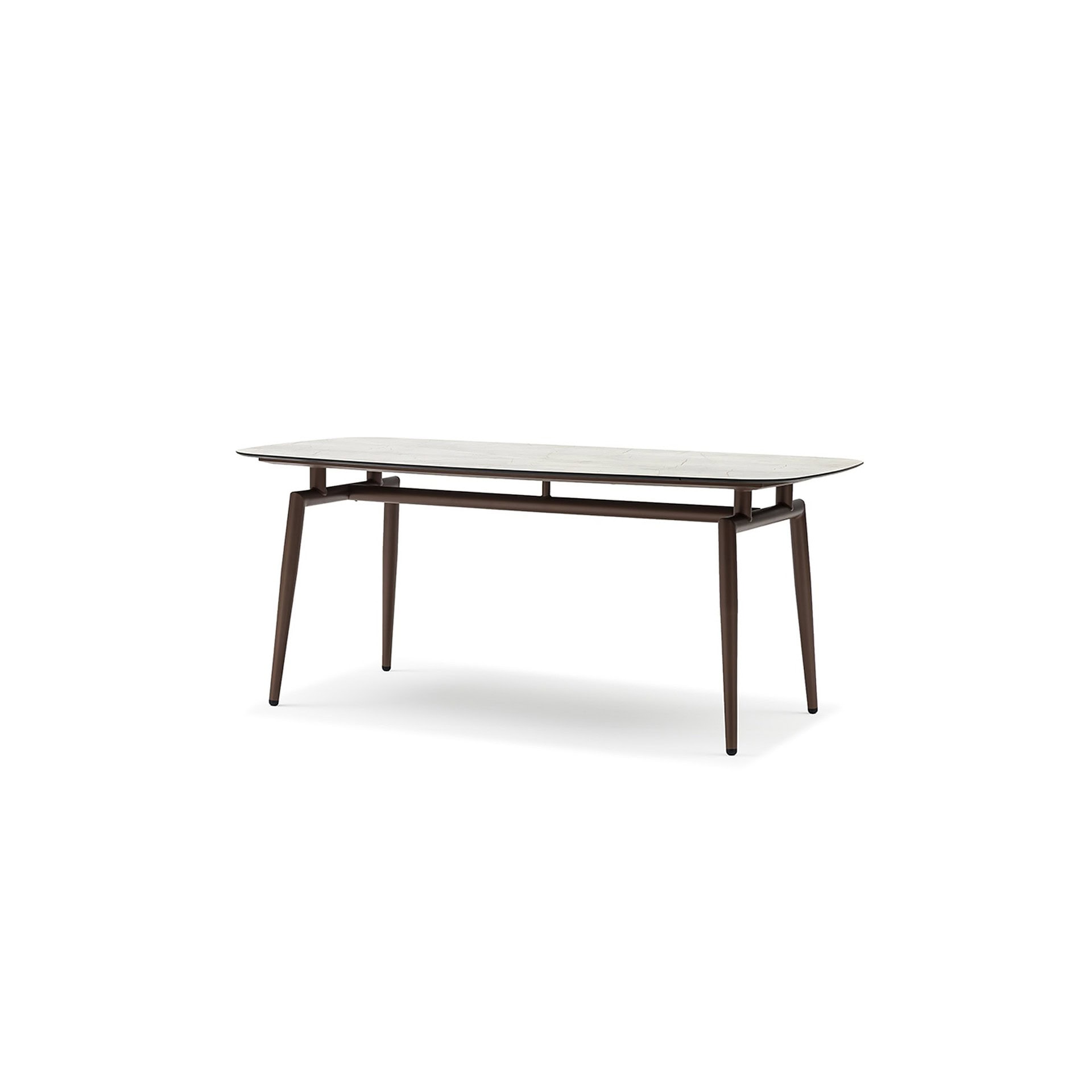 Mid-century modern dining table with marble top and wooden legs, elegant and stylish design.