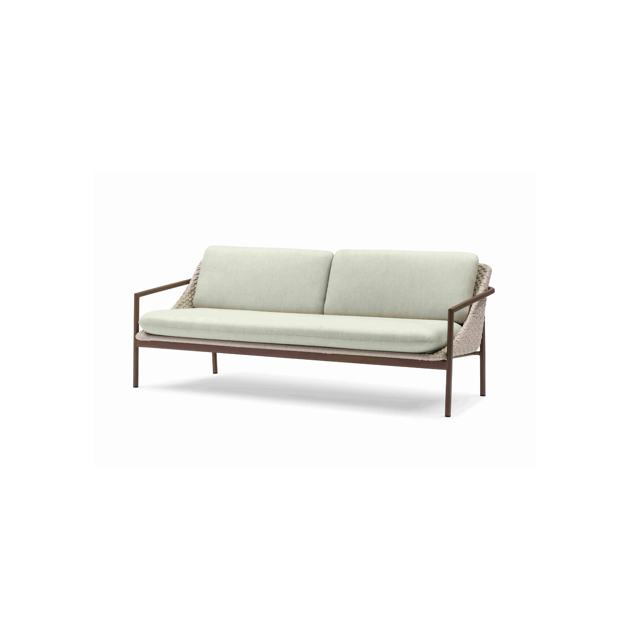 Modern light green upholstered sofa with a sleek wooden frame and minimalist design.