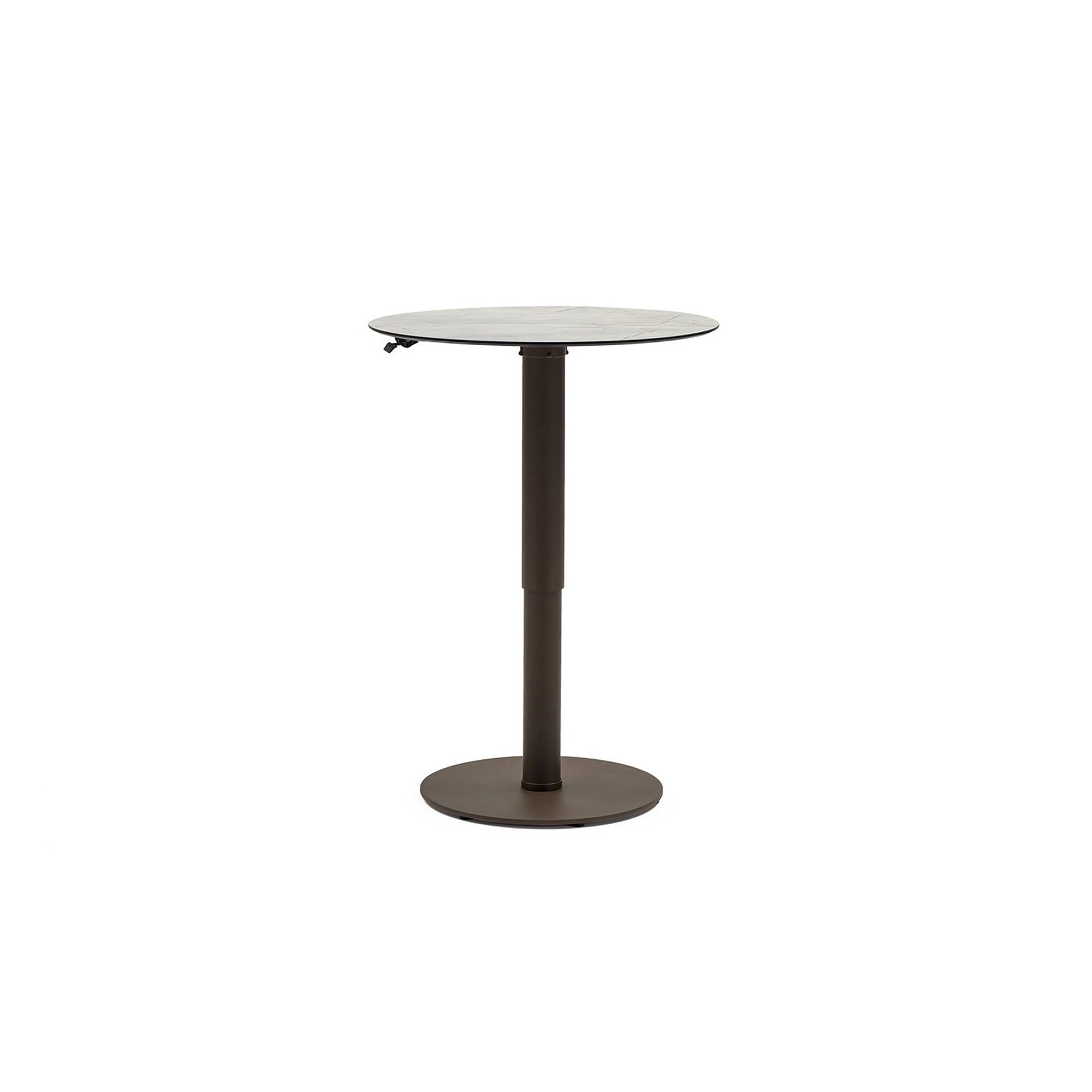 Round marble top outdoor bar table with adjustable height, ideal for patios and bars.