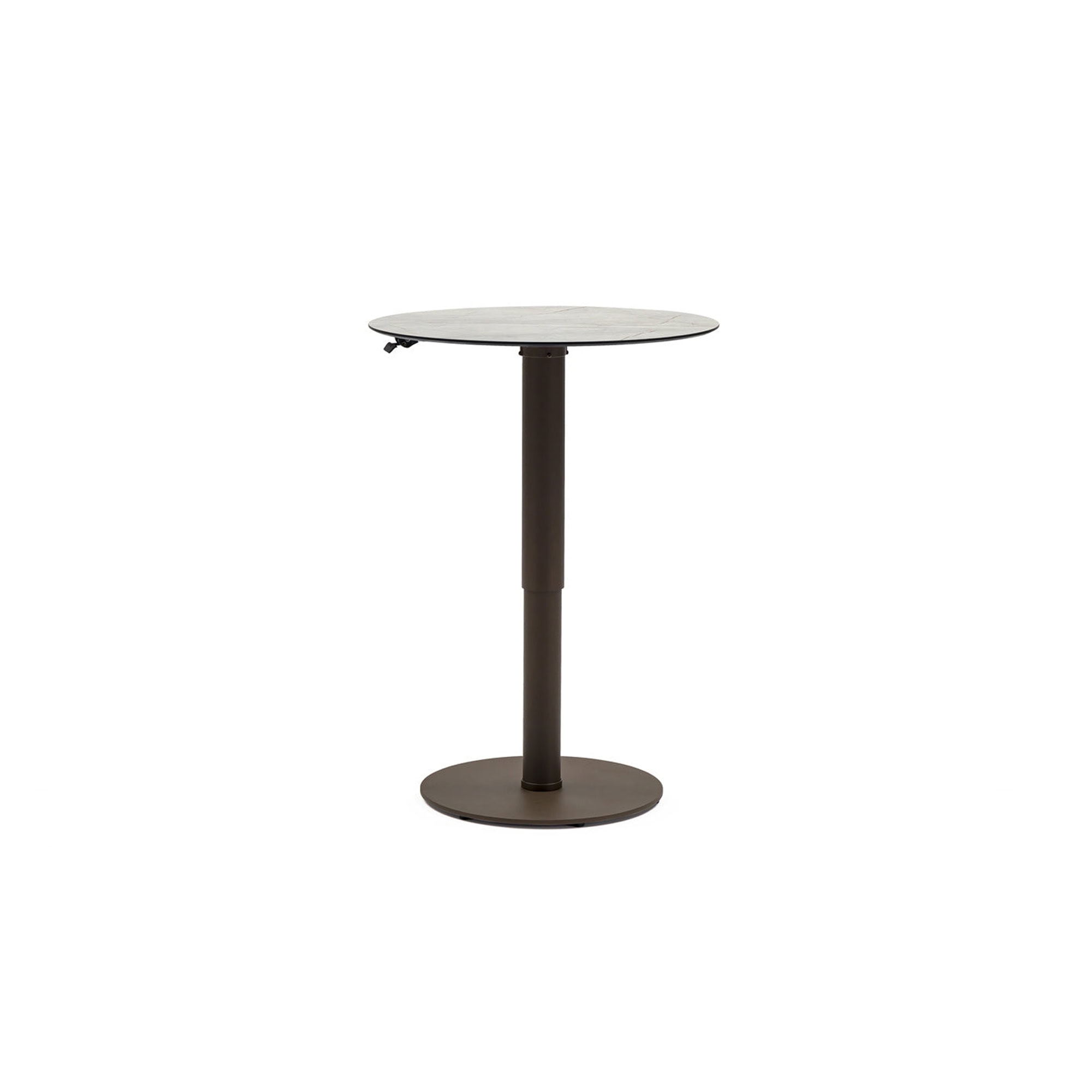 Round marble top outdoor bar table with adjustable height, ideal for patios and bars.