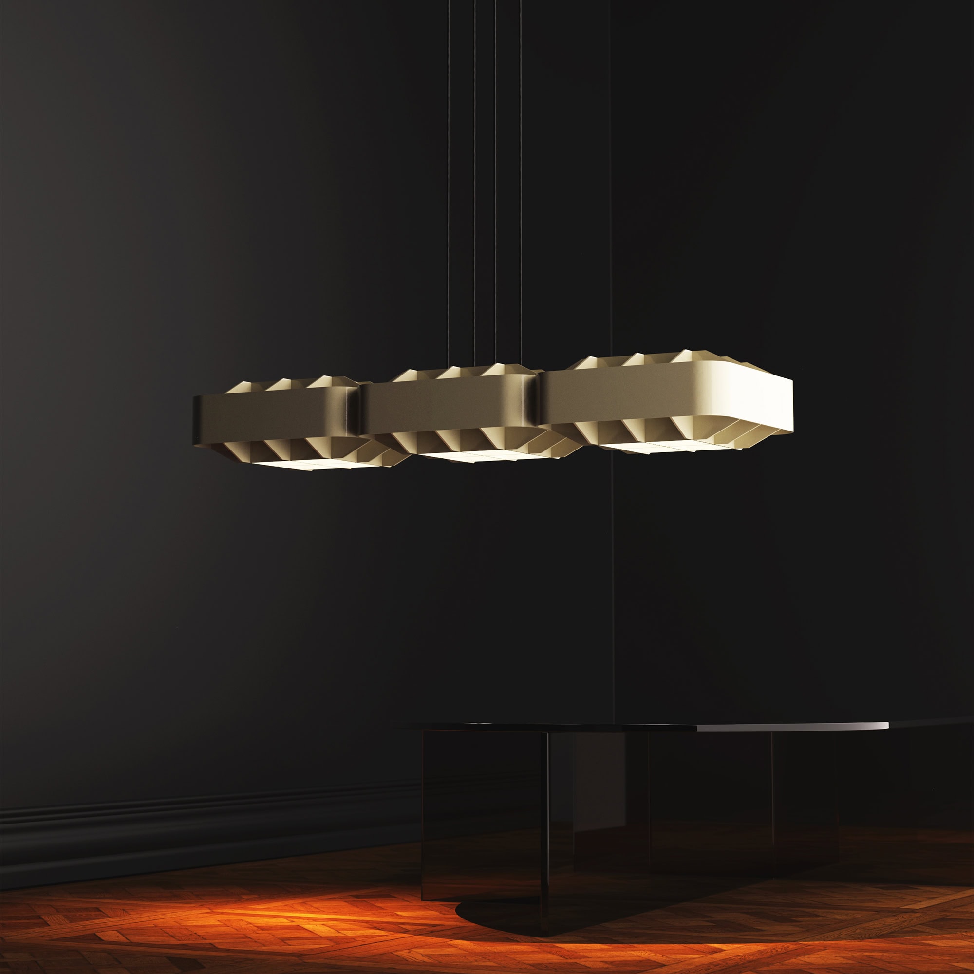 Contemporary modern pendant light fixture with unique geometric design, black background.