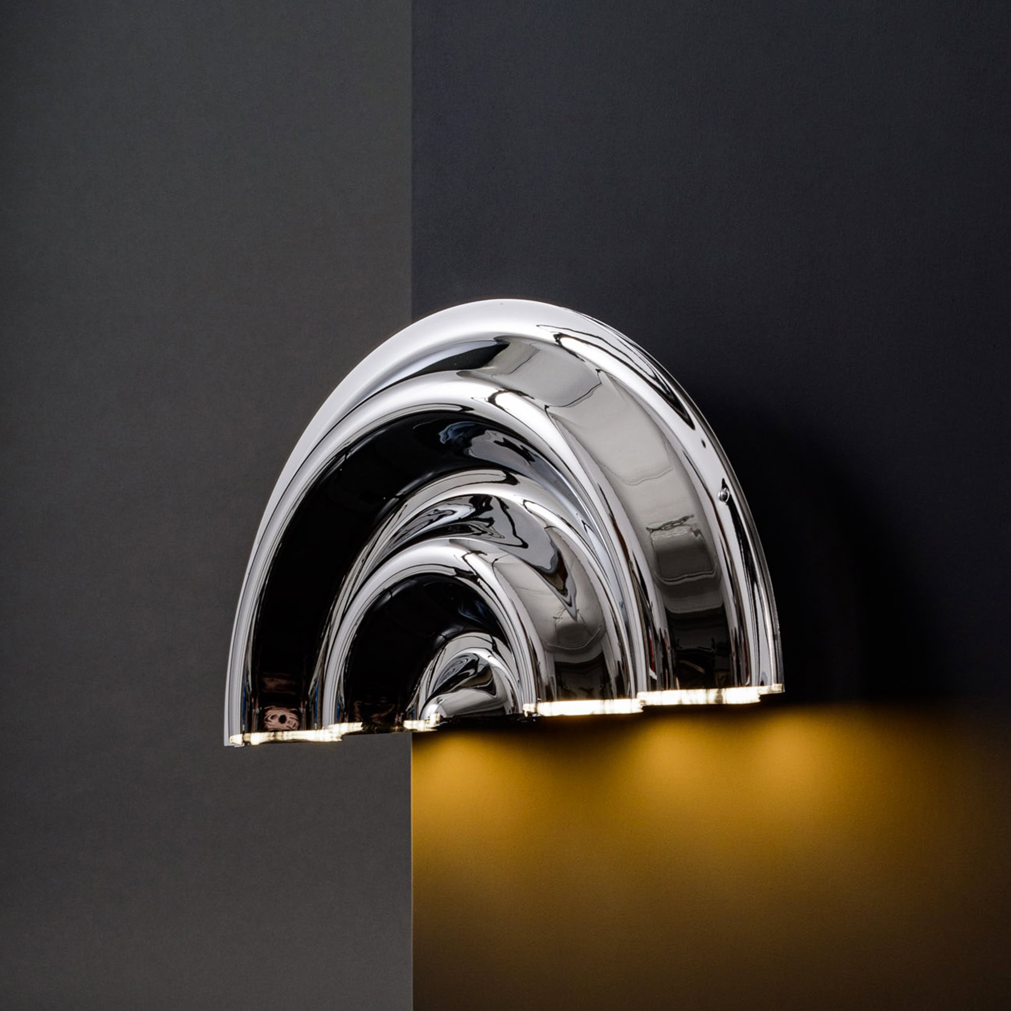 Sleek metallic modern lamp with layered arch design and integrated lighting, contemporary lighting fixture for stylish interior decor.