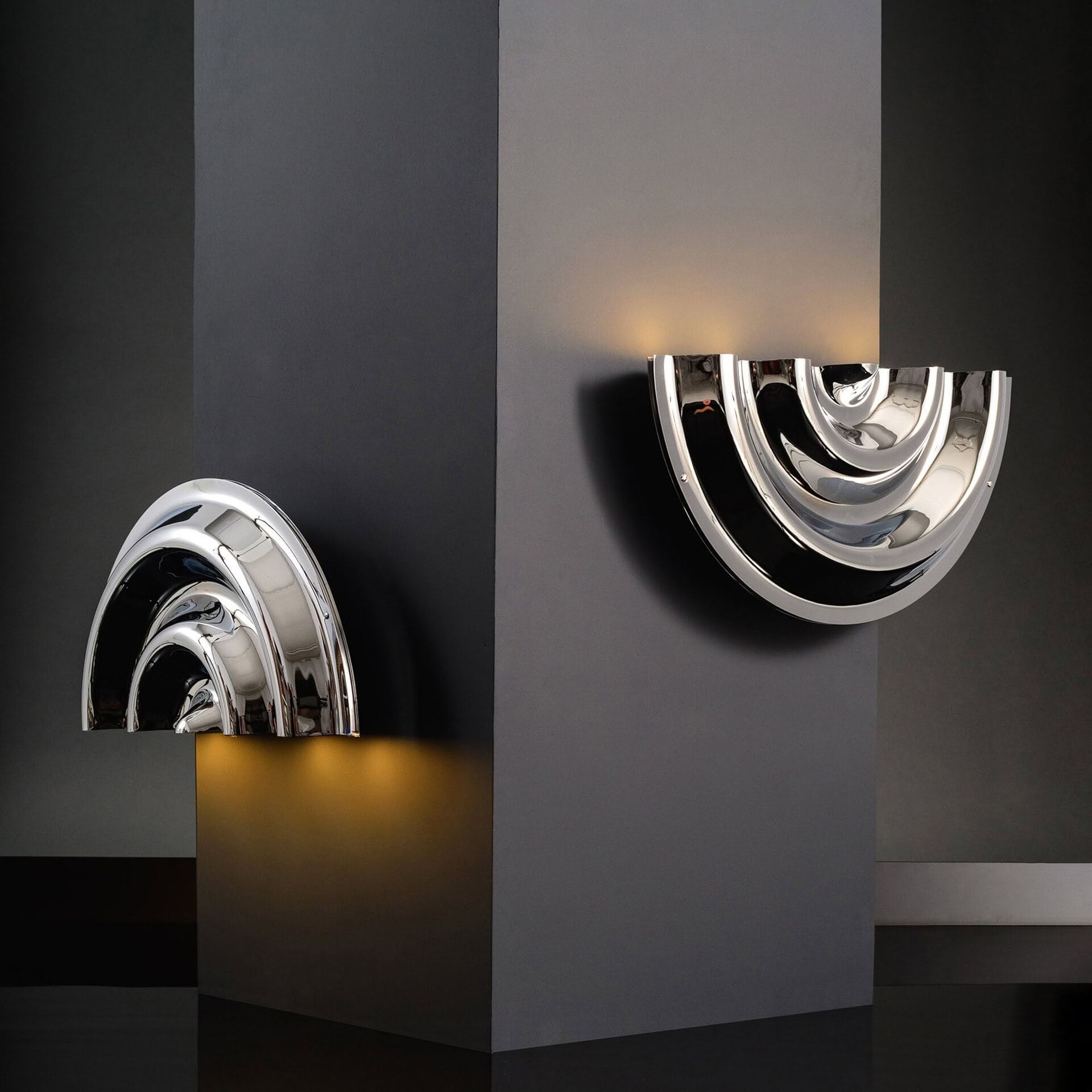 Polished chrome decorative wall art by Sklar Furnishings. Modern, sophisticated design for upscale interior decor.