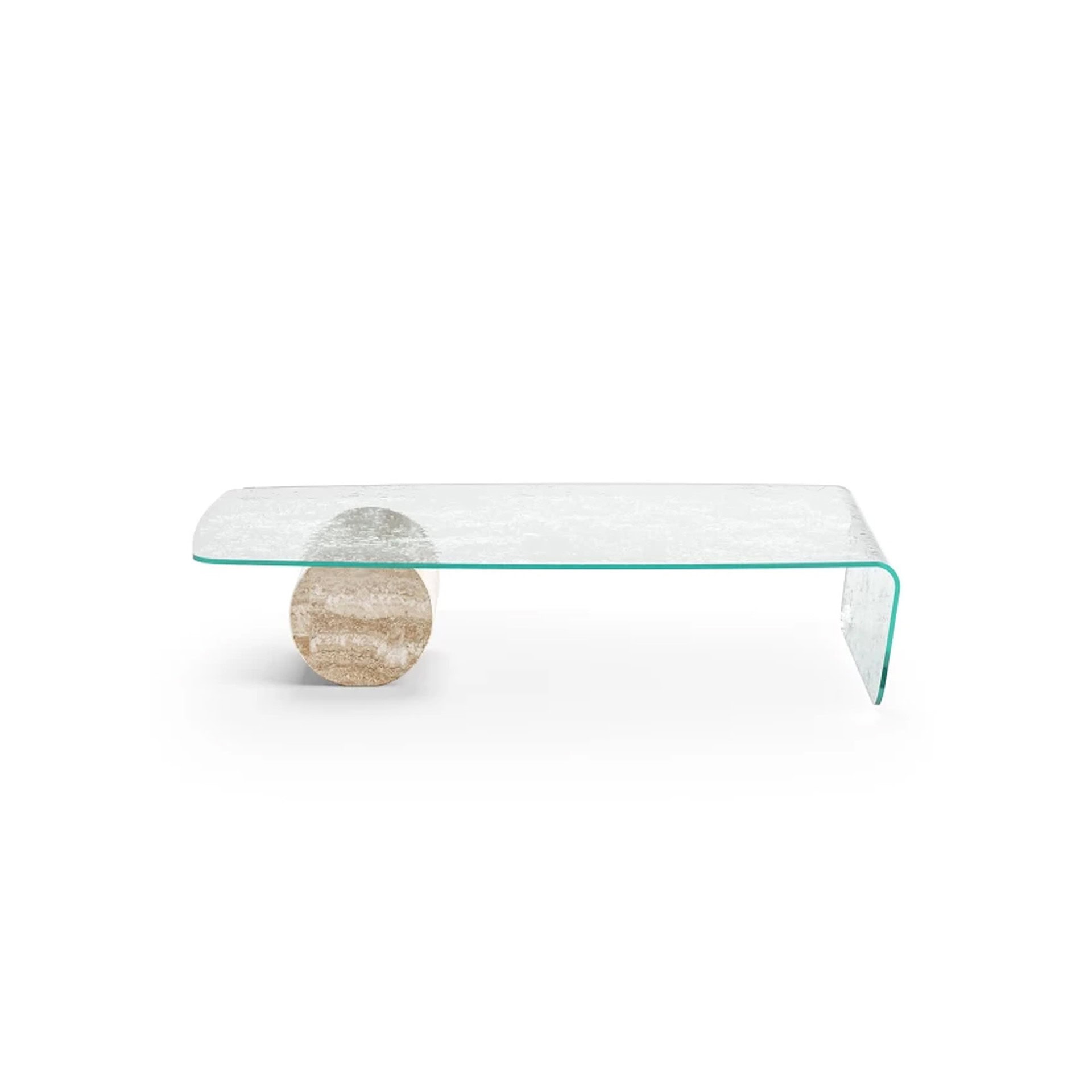 Transparent glass coffee table with a unique wooden accent, modern and stylish.