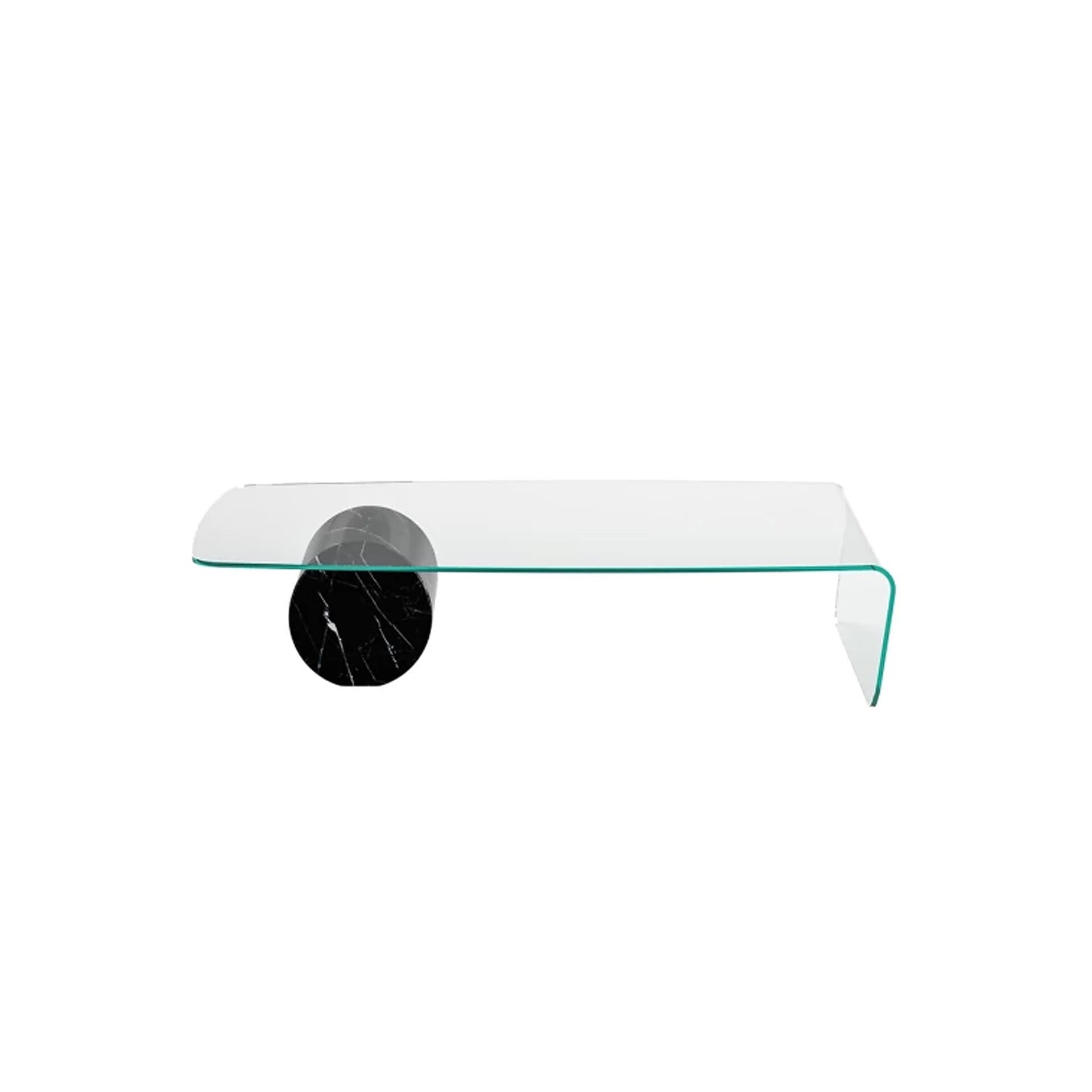 Modern glass and marble coffee table with unique black marble base from Sklar Furnishings.