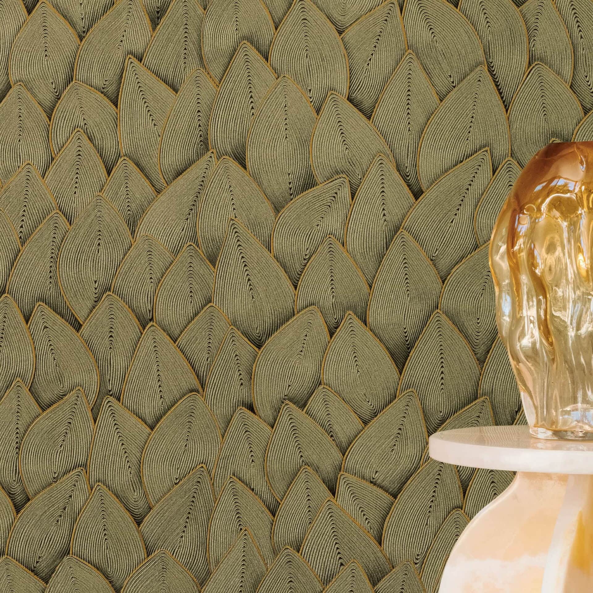 Intricate green and gold leaf-inspired textured wallpaper with elegant design elements.