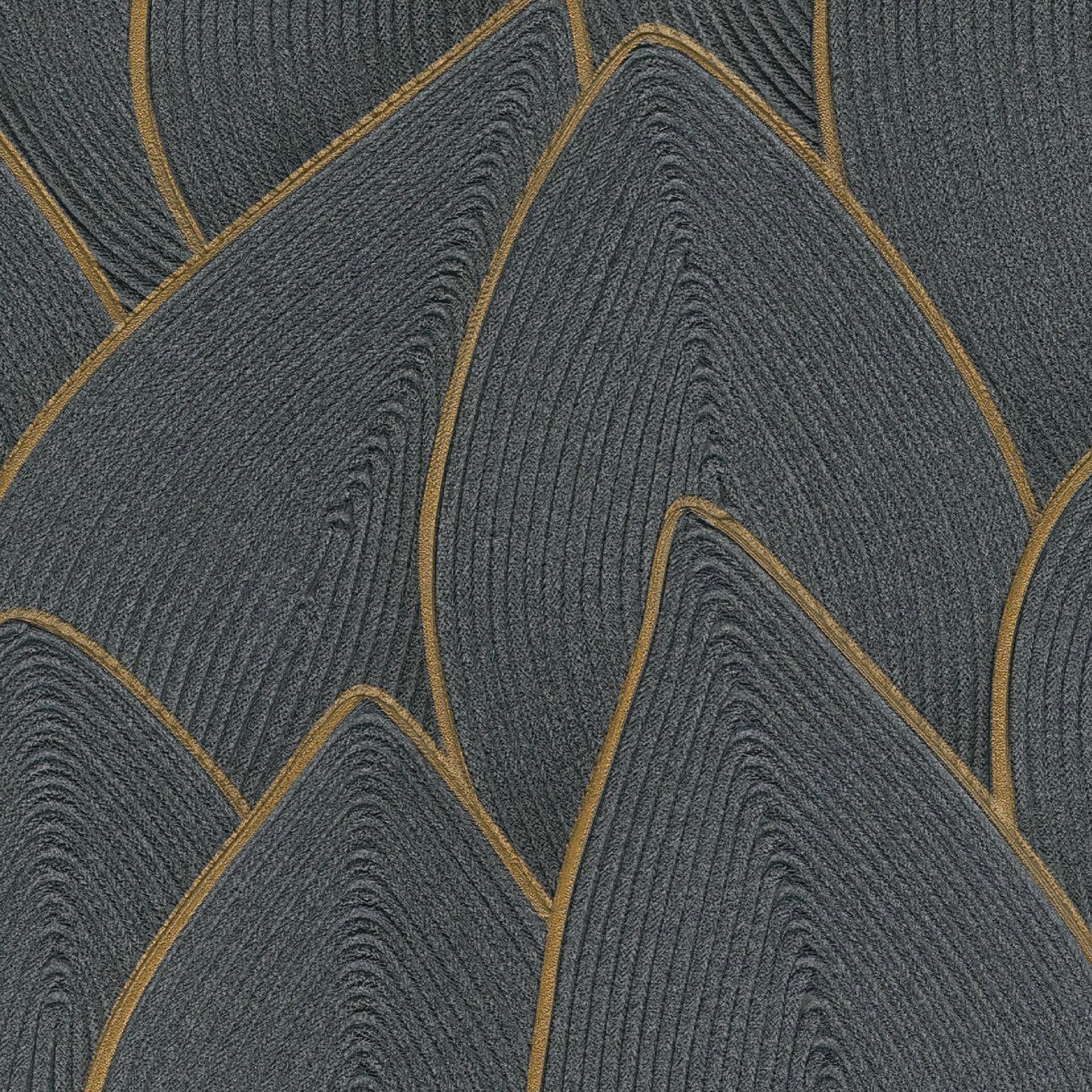 Elegant dark textured fabric with gold accents for high-end furniture.