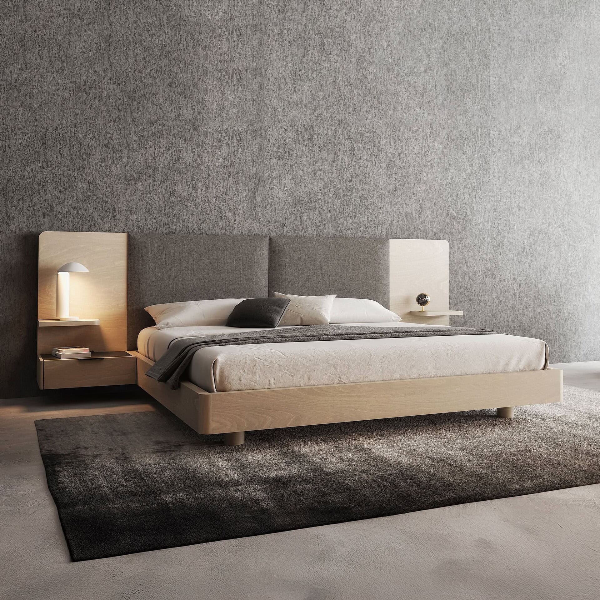 Contemporary wooden bed with minimalist design, neutral-colored bedding, and modern bedside lighting.