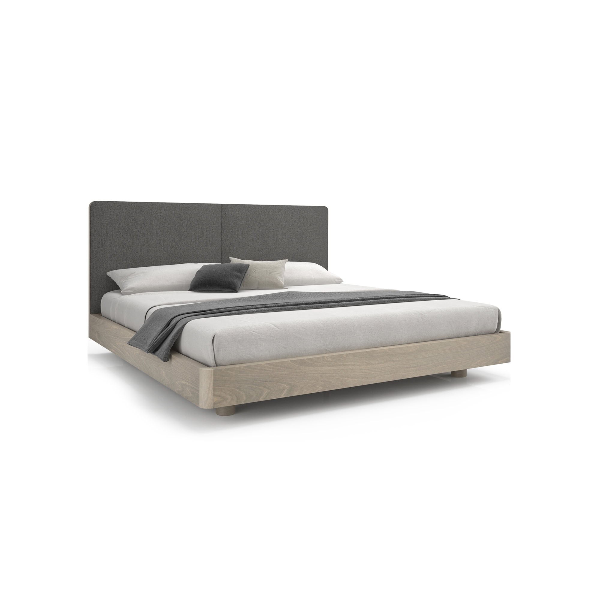 Contemporary upholstered bed with wooden frame and gray fabric headboard.