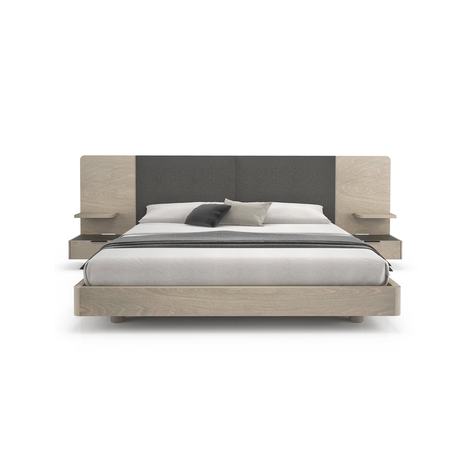 Modern minimalist platform bed with integrated nightstands in light wood finish and dark upholstered headboard.