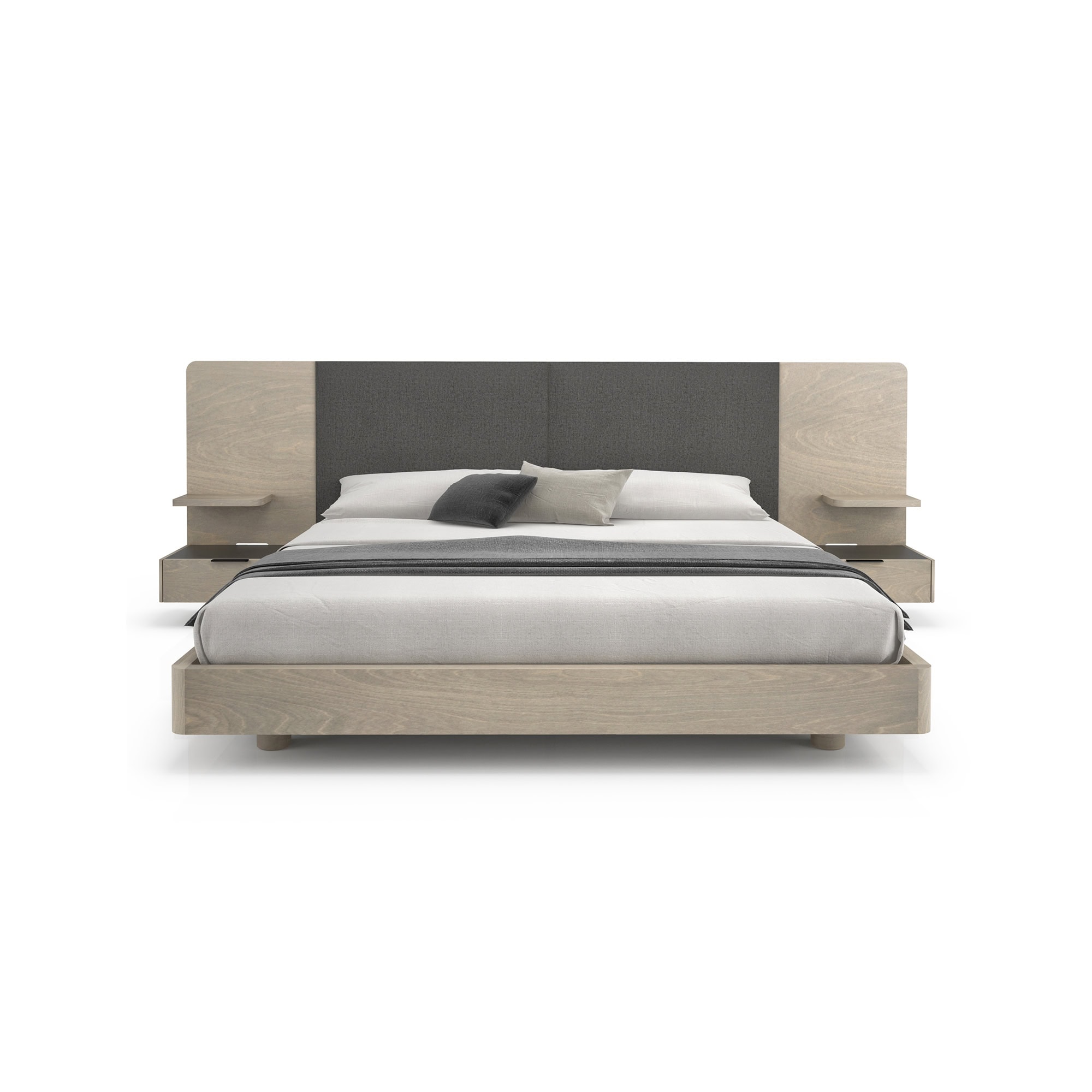 Modern minimalist platform bed with integrated nightstands in light wood finish and dark upholstered headboard.