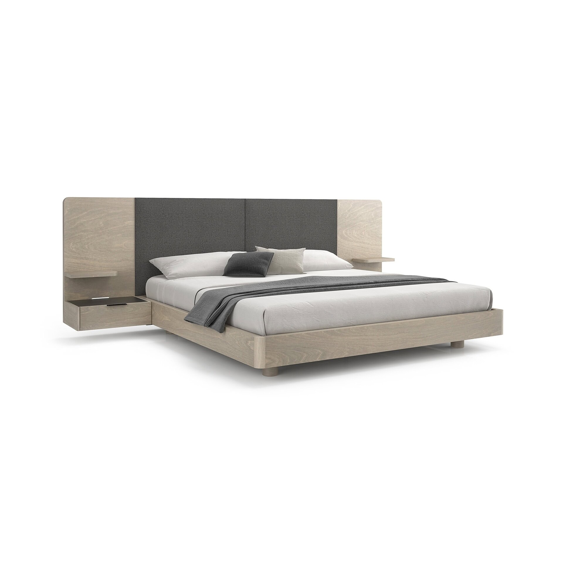 Contemporary bedroom bed with upholstered headboard and floating nightstands in neutral tones.