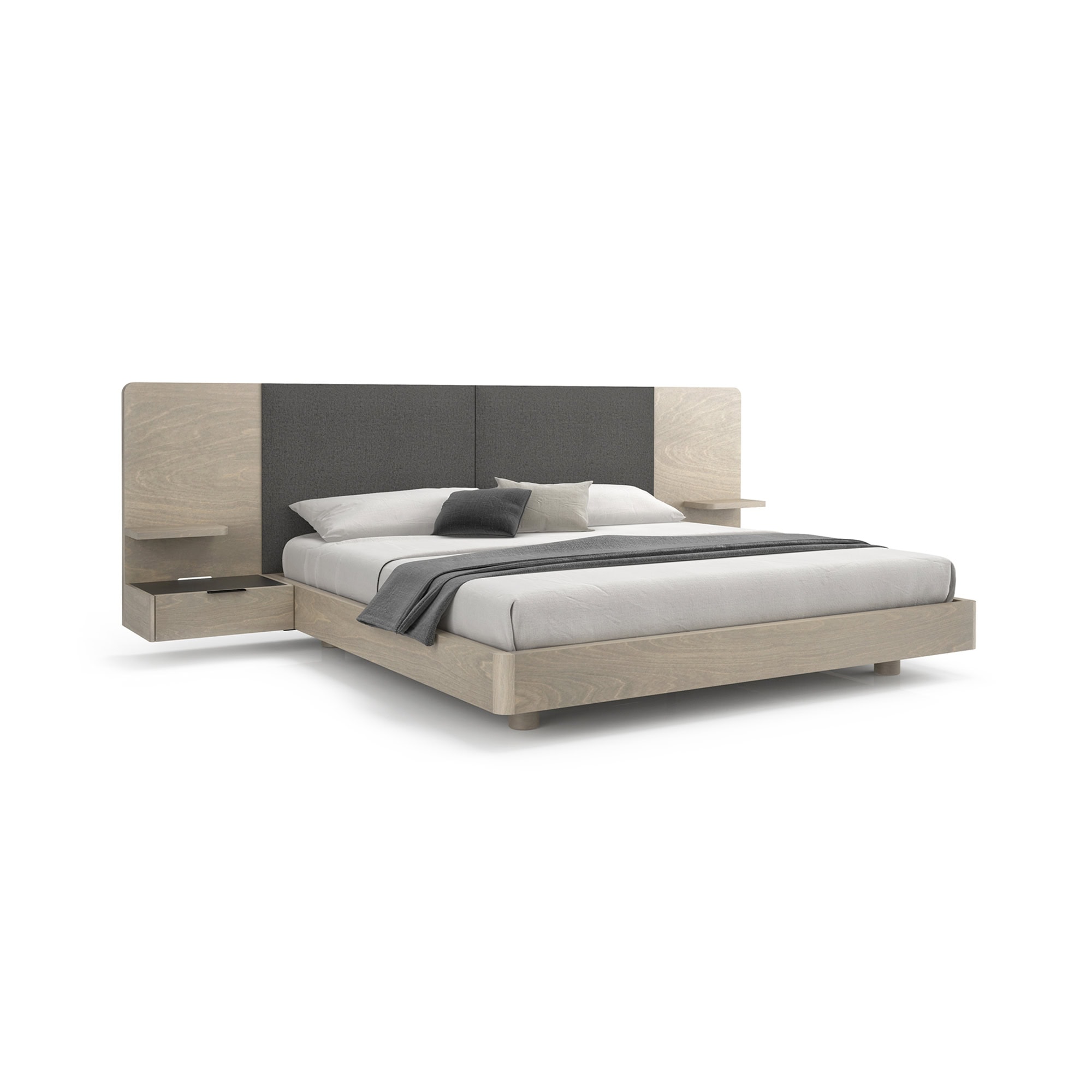 Contemporary bedroom bed with upholstered headboard and floating nightstands in neutral tones.