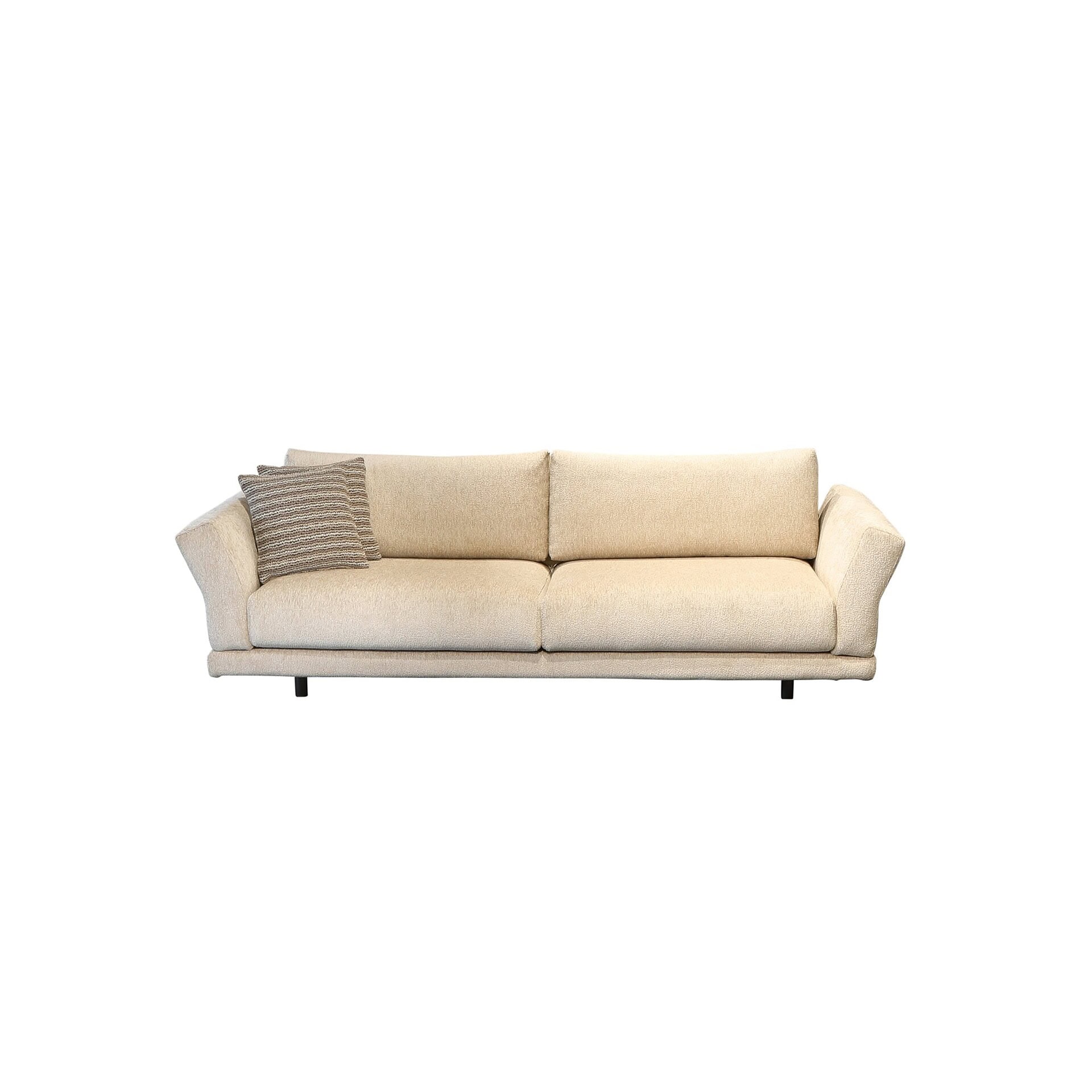 Sleek beige modern sofa with striped accent pillow, contemporary living room furniture piece.