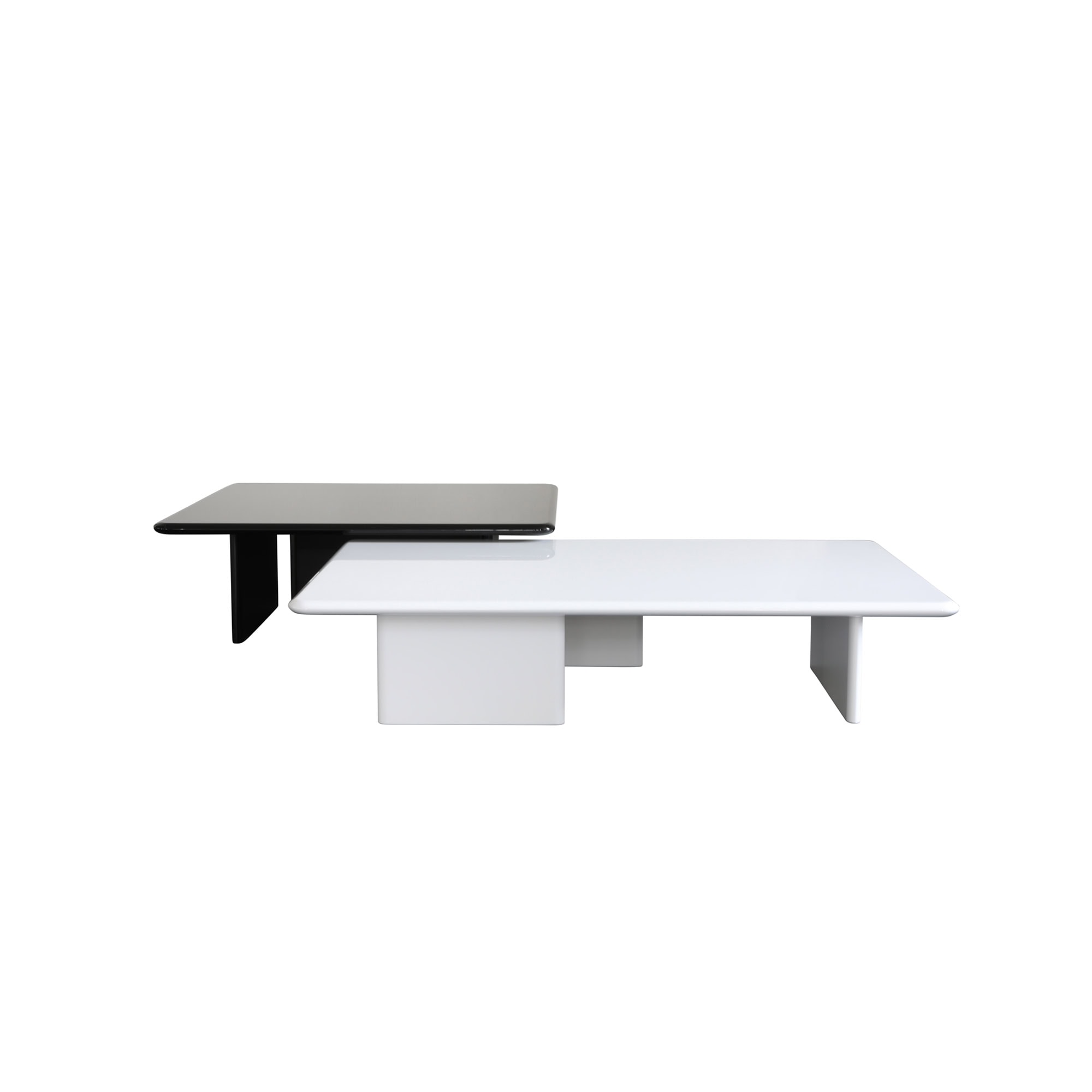 Contemporary modular coffee tables in black, white, and gray with geometric design.