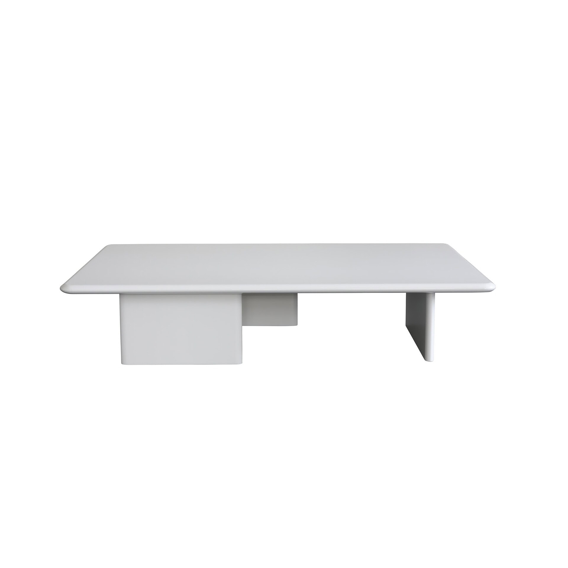 Modern white minimalist coffee table with geometric design for contemporary living rooms.