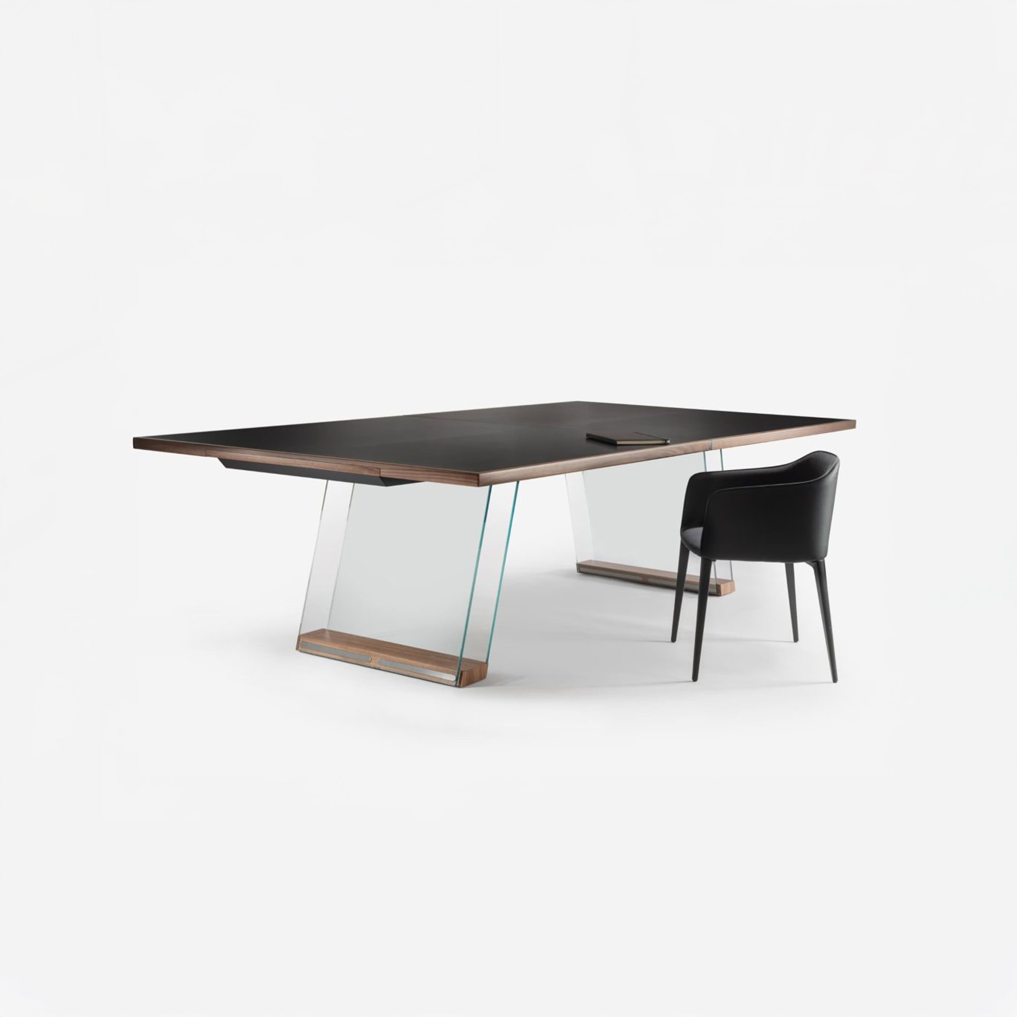 Sustainable wood and glass dining table with modern design by Sklar Furnishings.